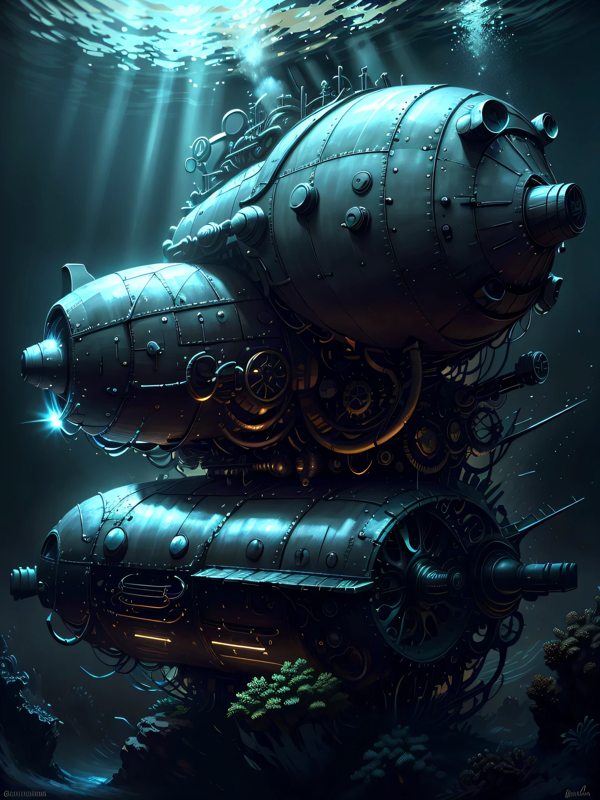 obra maestra, ultra resolucion, decoracion epica, iluminacion impecable 32k, submarino nuclear bajo el mar, muchas burbujas acantilados peses, oceano oscuro