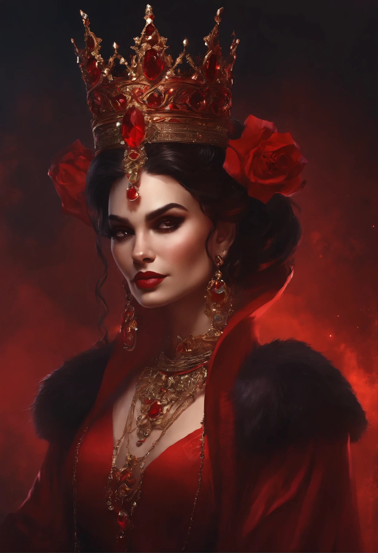 Thug demon queen, character ilustration, royal, magistic, wish, happy, smirk, red jewellery, dark hair,