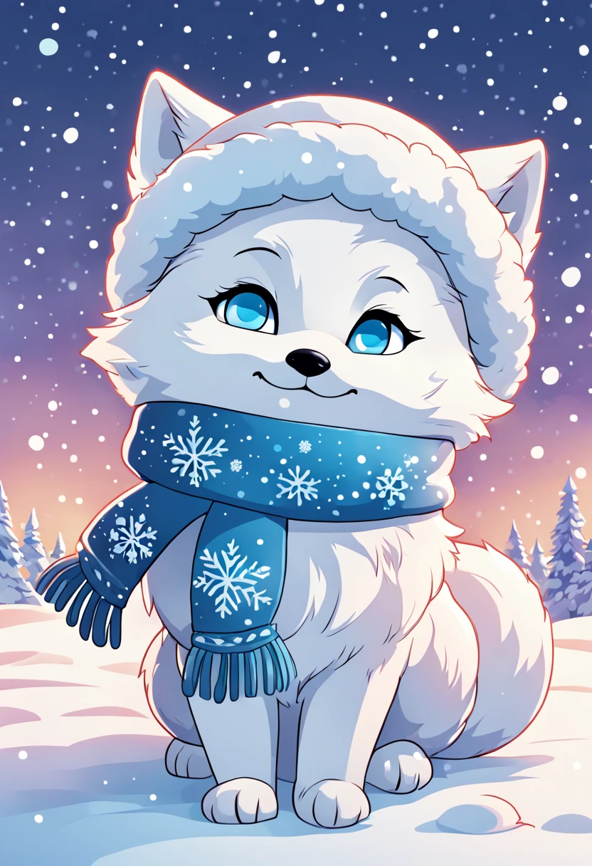 A cartoon of a cute arctic fox with big eyes wearing a fluffy winter hat and scarf. It is playing in the snow, making a snow angel. Flat vector illustration with bright solid colors and smooth gradients. In the artistic style of Disney animation, aesthetic