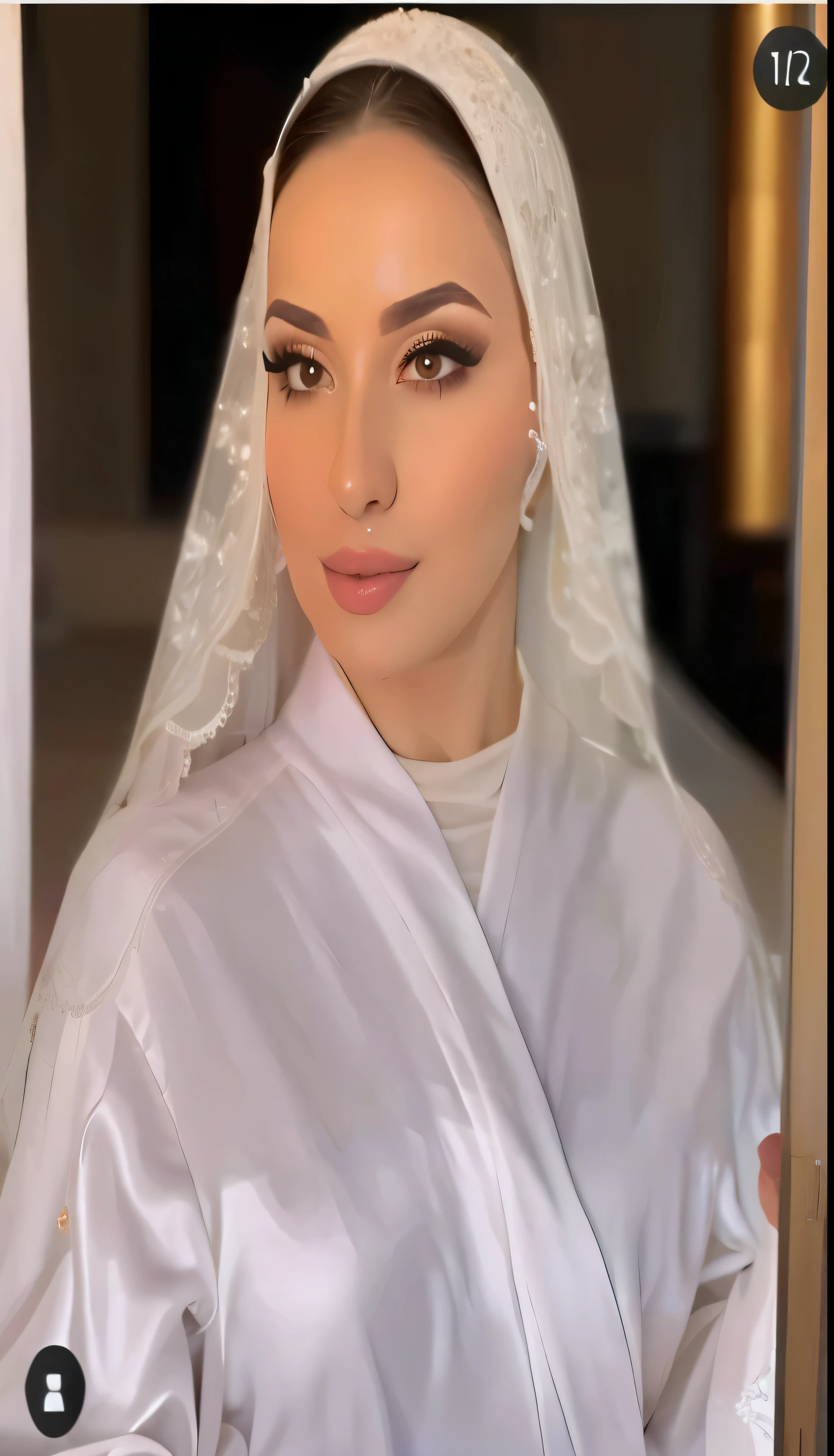 a close-up of a woman in a white robe and veil, com maquiagem profissional, vestindo capuz de seda branco, Maquiagem tradicional, hijab branco, em maquiagem profissional, Beautiful Arab woman, uma linda mulher de branco, Arabic inspiration