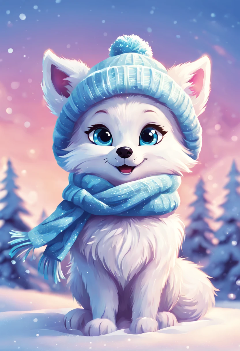 A cartoon of a cute arctic fox with big eyes wearing a fluffy winter hat and scarf. It is playing in the snow, making a snow angel. Flat vector illustration with bright solid colors and smooth gradients. In the artistic style of Disney animation, aesthetic