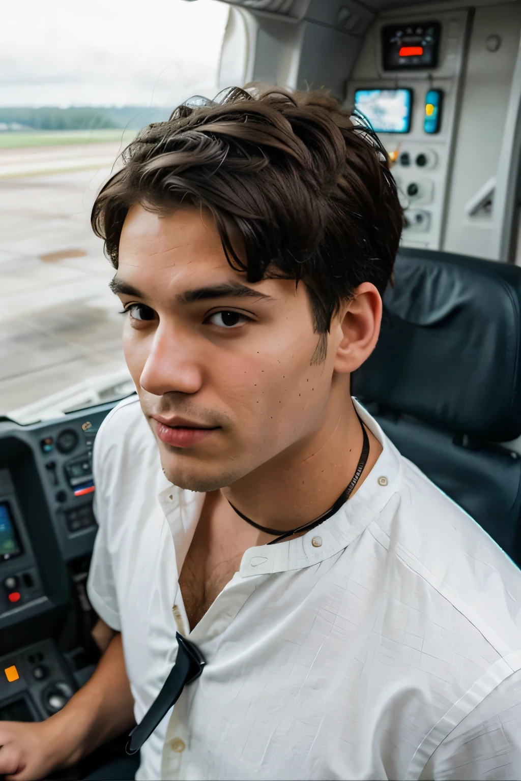 a guy with a short fashionable hairstyle, in the cockpit of an airplane, very epic, we see his face,