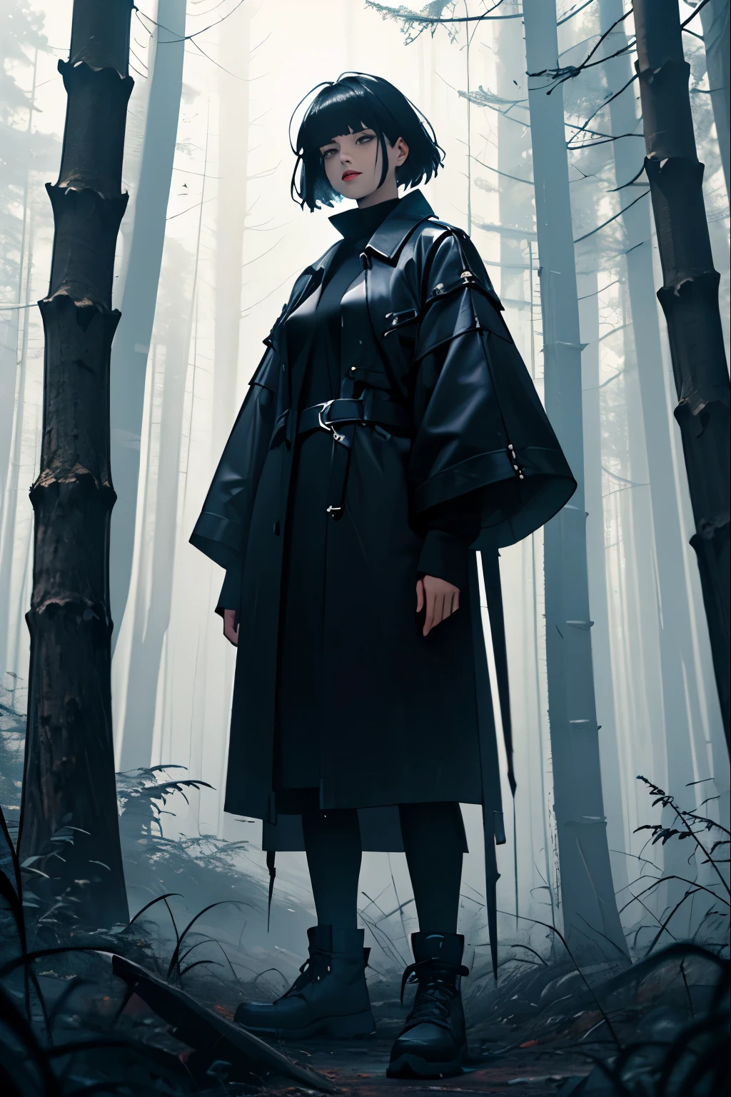 evil people with raven heads, full-length,standing, grunge clothes,gloomy fir forest,light fog, cinematic, dark colors, horror,masterpiece, high detail,8kt