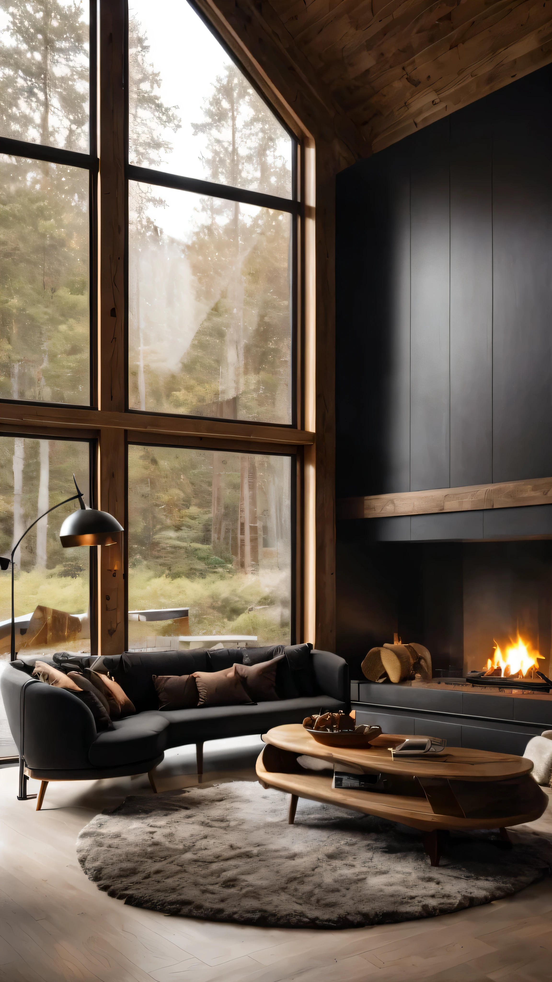 arafed living room with a fireplace and a couch and a table, warm interiors, natural window lighting, warm interior, minimalistic house in the wood, large windows to forest at night, dark and modern, modern rustic, floor to ceiling window, moody ambiance, cozy contemporary living room, modern house in the wood, cosy atmoshpere, fireplace lighting