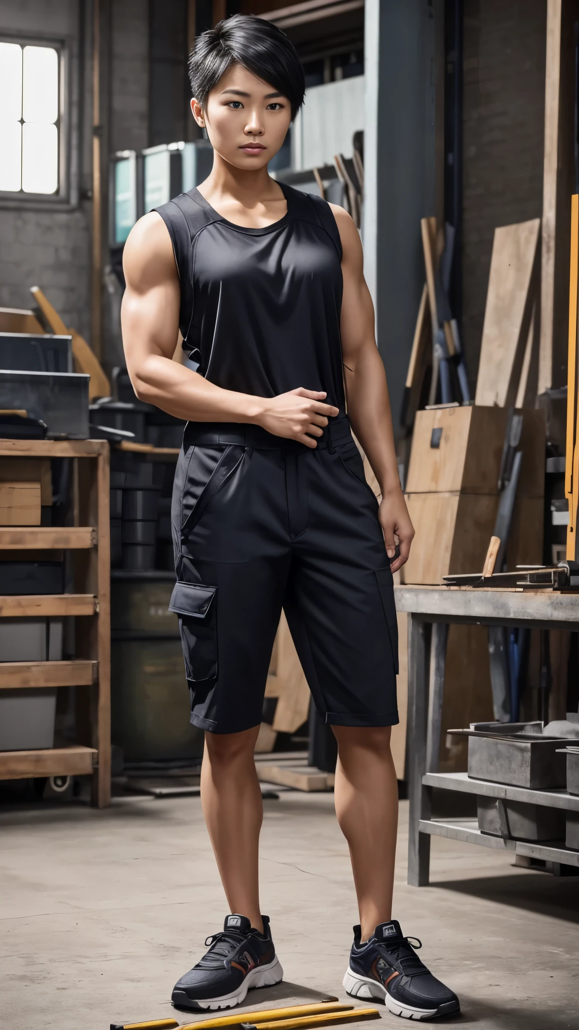 Full body portrait, from head to toe. In a workshop filled with tools and machinery, a crew cut haired asian woman stands confidently in men's working clothes and shoes. Her muscular body, rough bareface, and masculine stance give her a unique and powerful presence, defying societal expectations. Her face looking at the camera and her body facing to the camera.