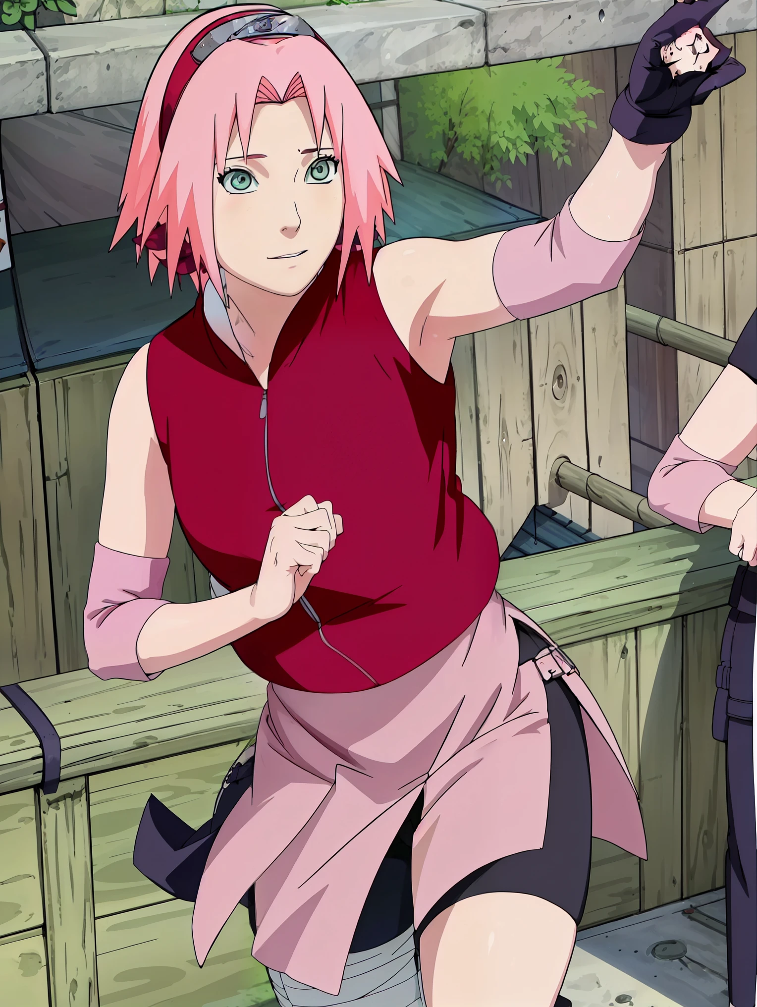 High-quality, ultra-detailed, realistic artwork of a scene from "Sakura Shippuden" with vivid colors, perfect for 4K or 8K resolutions. The scene depicts Sakura Haruno, a young woman, standing gracefully in a garden surrounded by blooming sakura (cherry blossom) trees. She is wearing a red jacket embroidered with the symbol of Konohagakure, the Hidden Leaf Village. Her leg is bandaged, indicating a recent injury. Sakura is wearing a short skirt and toeless footwear, emphasizing her femininity and agility.

Sakura has shoulder-length bangs that softly frame her face, revealing her beautiful, green eyes. Her face is adorned with a forehead protector, which bears the Konohagakure symbol, signifying her allegiance to her village. The artwork showcases Sakura's attention to detail, including her long eyelashes, detailed lips, and delicate features, capturing her determination and inner strength.

The lighting in the scene is soft and warm, casting a gentle glow on the petals of the sakura blossoms. The vibrant colors of the cherry blossoms contrast against Sakura's black short sleeves and gloves, adding depth to the composition. The overall color scheme leans towards pastel tones, enhancing the serene and tranquil atmosphere of the garden.

This masterpiece artwork aims to capture the essence of Sakura Haruno's character, portraying her as a confident, skilled kunoichi amidst the delicate beauty of the sakura garden. The attention to detail, vibrant colors, and realistic rendering will bring this scene to life, evoking the spirit of "Sakura Shippuden" in a visually stunning manner.