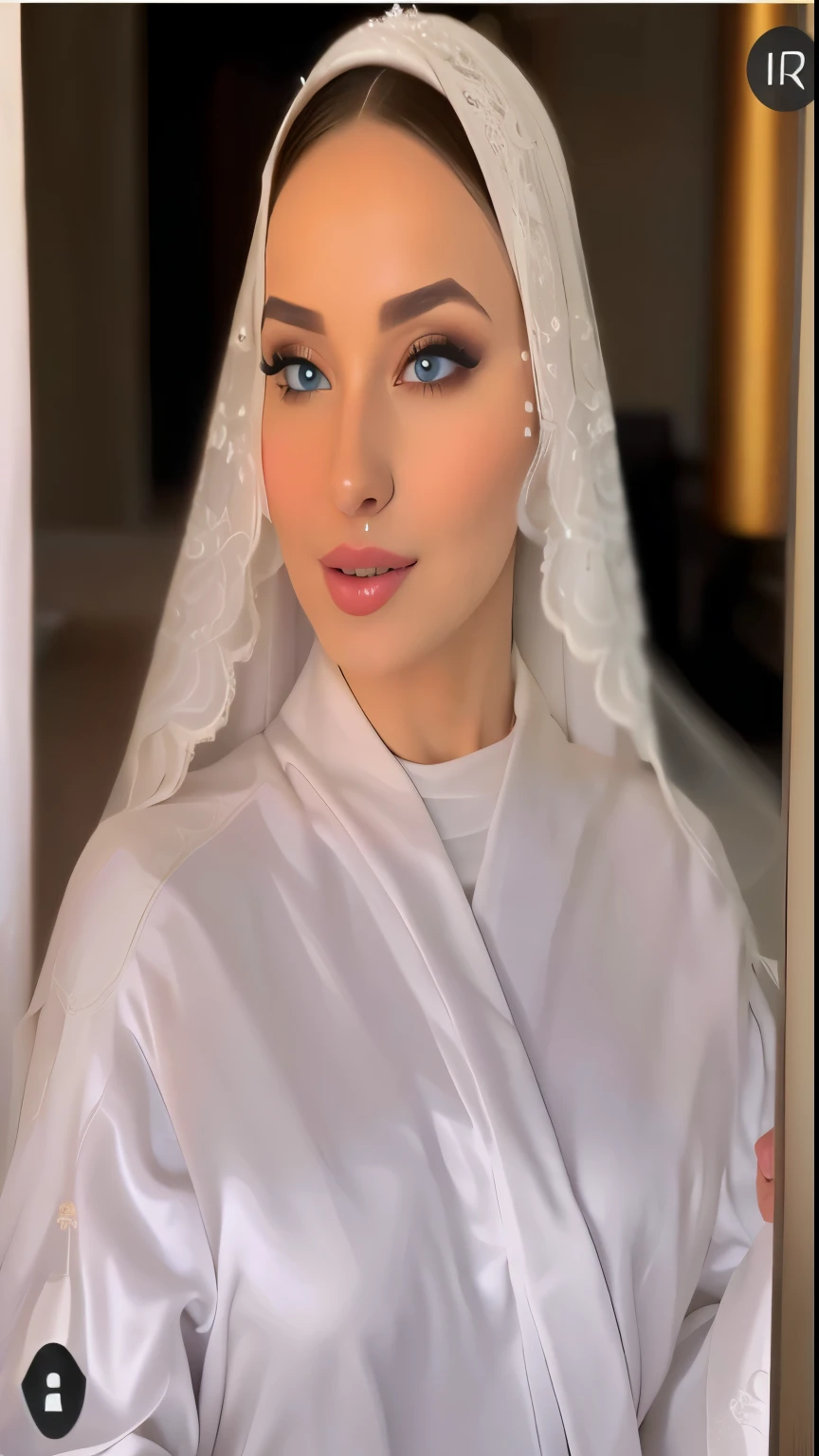 a close-up of a woman in a white robe and veil, com maquiagem profissional, vestindo capuz de seda branco, Maquiagem tradicional, hijab branco, em maquiagem profissional, Beautiful Arab woman, uma linda mulher de branco, Arabic inspiration,snub nose,blue eyes