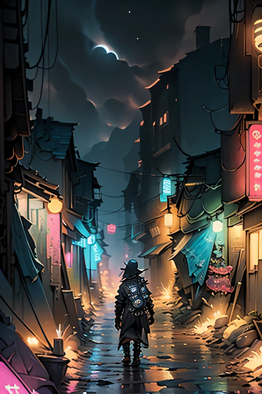 Asian Quarter of Blacksmiths, dirty area, Red Light District, night, space Opera, cyberpunk, Night Landscape, space, poverty