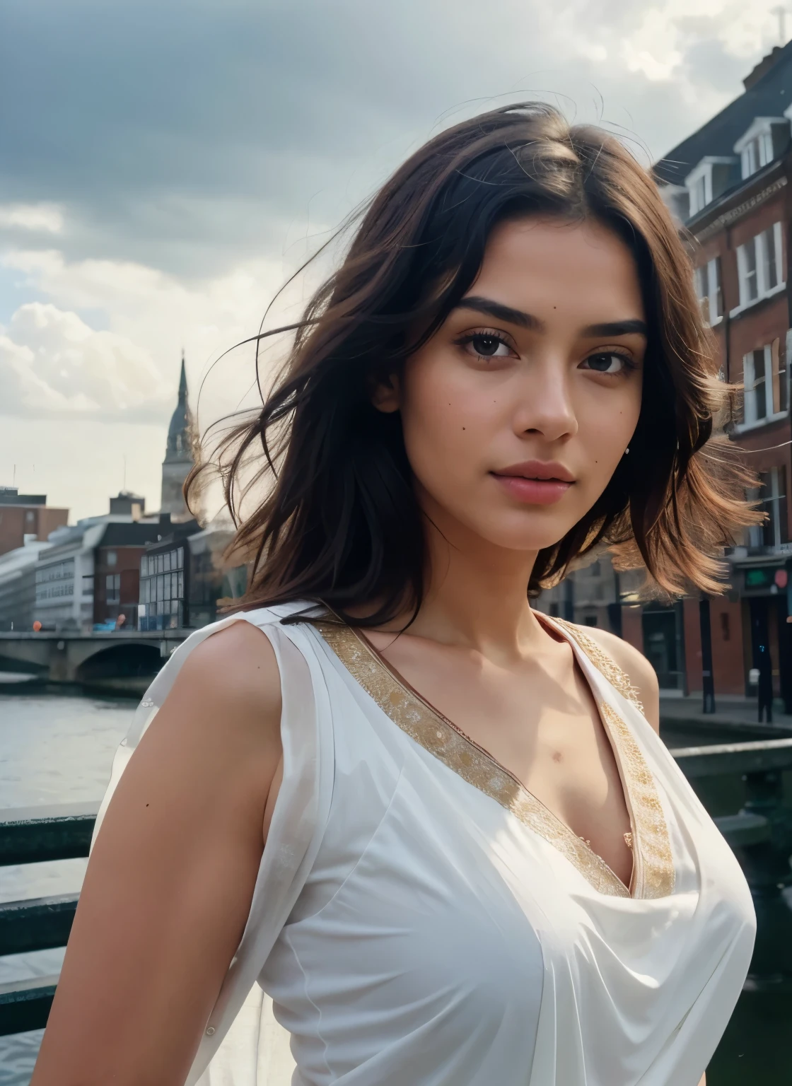 Looks directly at the camera, direct gaze portrait, direct eye contact scenic professional photograph of RAW photo, photorealistic, [:intricate details:0.3], best quality, photo of beautiful Indian girl 20y young woman, with brown hair, Ultra-realistic skin, detailed skin, (like a plus size:1.1), (beautiful round shape breasts:1.1), (big ass:1.1), ( white, red, blue, color saree with blouse), 1girl, graceful body structure, from front, looking at viewer, direct gaze, in outdoor London town city, the camera is closer to the face, natural color, perfect viewpoint, highly detailed, wide-angle lens, hyper realistic, with dramatic sky, polarizing filter, natural lighting, vivid colors, everything in sharp focus, HDR, UHD, 64K Photorealistic, Hyperrealistic, Hyperdetailed, analog style, Ultra-realistic skin, detailed skin, matte skin, soft lighting, subsurface scattering, realistic, heavy shadow, masterpiece, best quality, ultra realistic, 8k, golden ratio, Intricate, High Detail, film photography, soft focus