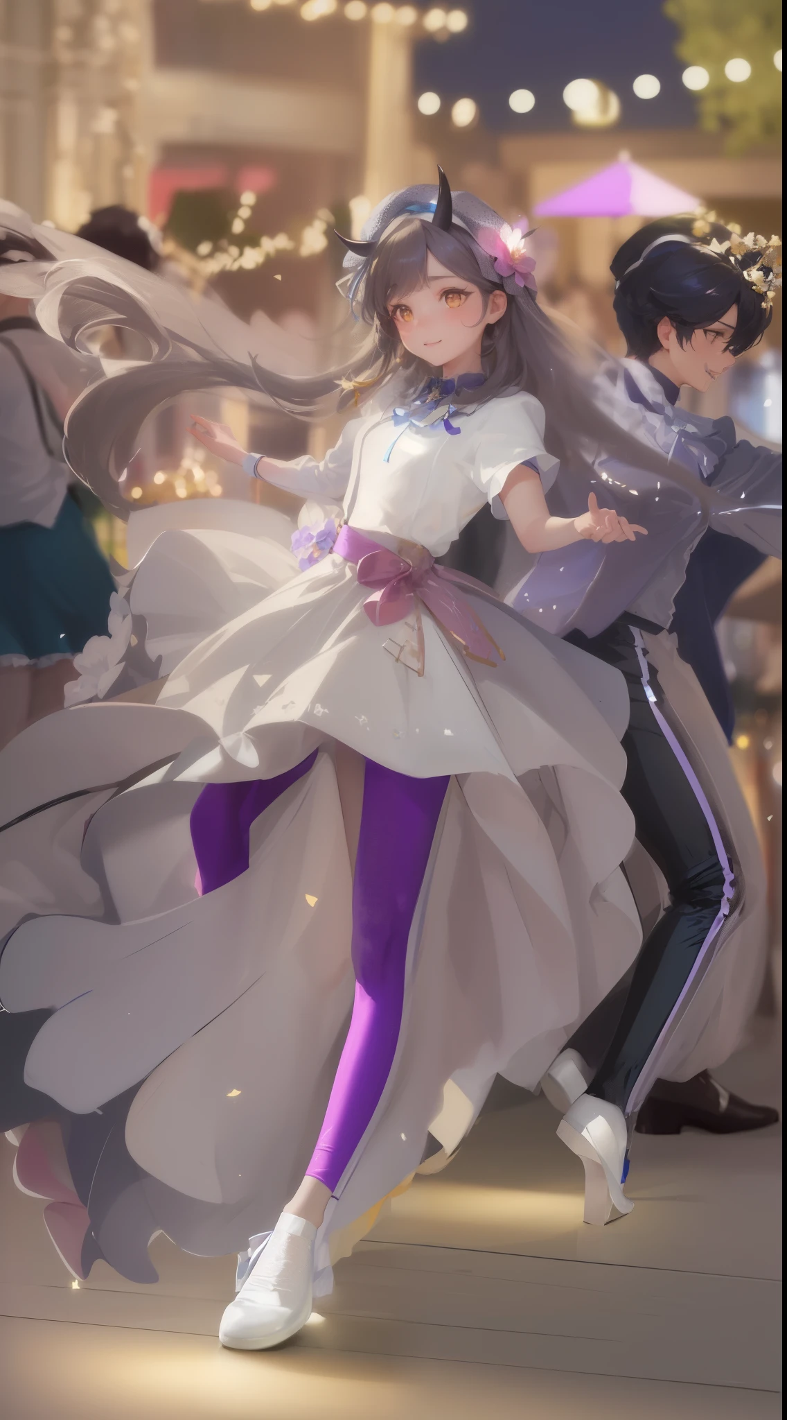 Photo, upper body bust shot, close up,
1girl 1 boy, (( long hair with bangs,a flower in head, black colored hair,two horns in head)),
(masterpiece, sidelighting, finely detailed beautiful amber yellow eyes: 1.2),  best quality, hyper detailed, highres, ultra detialed, extremely detialed, intricate detials, 8k, hiqcg, high definition, extremely delicate and beautiful, 8k wallpaper, Amazing, finely detail,official art,extremely detailed CG unity 8k wallpaper, 3d face, perfect face, realistic, lustrous skin,  perfect skin, show Clavicle, (adult face:1.2), smile precure, Beautiful, pretty, beautiful detailed face, young lady, girlface, (maiden),  (medium_breasts:1.3), 
 (((white blue half sleeve Claudine Collar Blouse:1.2)), ((blue High-Waist fluffy Skirt:1.2))), (((cute classy beret with ribbon:1.2))), light purple leggings ,white shoes,1 boy,Young boy,dancing purple jacket and black white striped pants,white shoes, dancing in a outdoor dance floor full of lights, festive atmosphere,night,stars