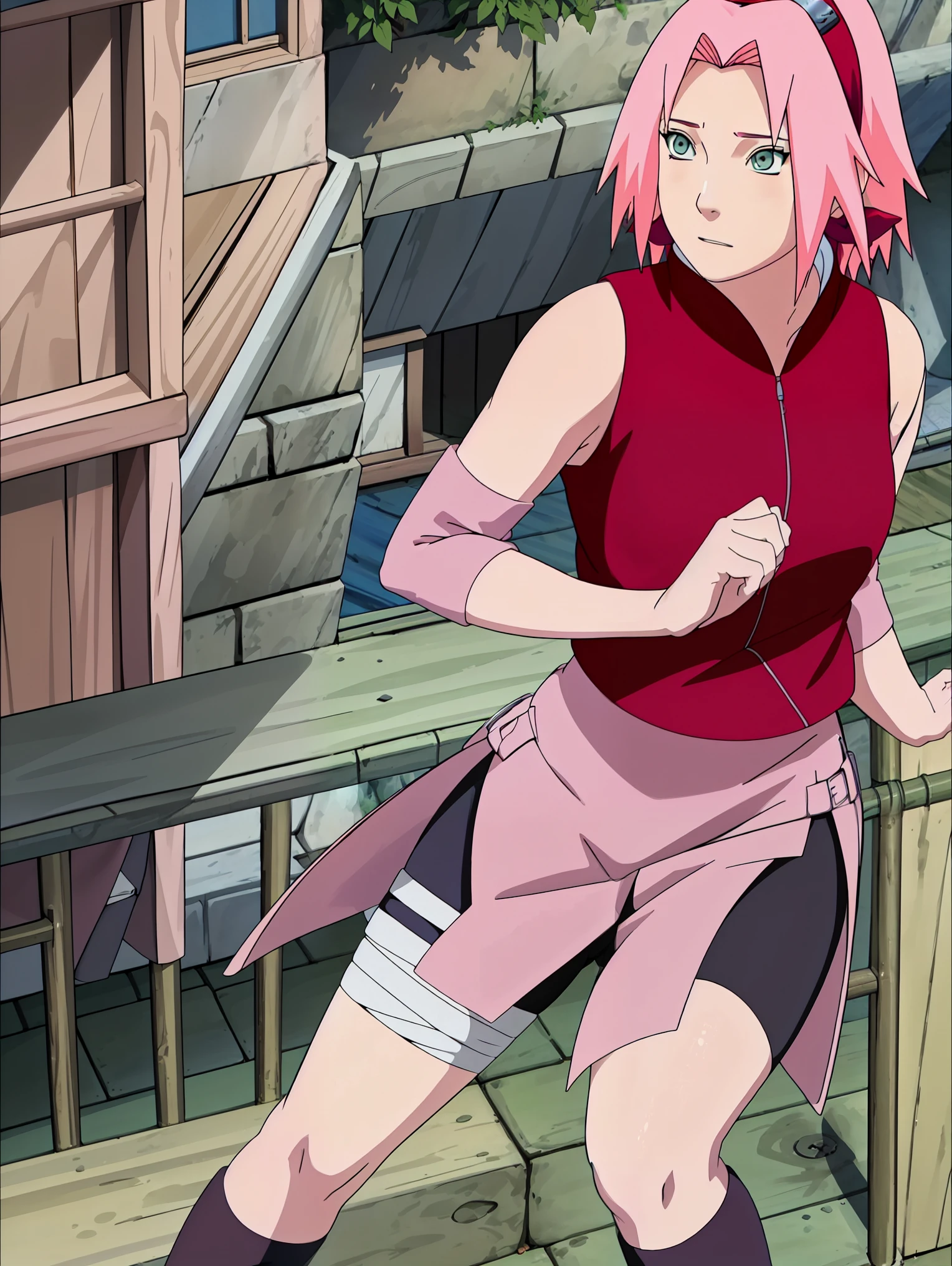 High-quality, ultra-detailed, realistic artwork of a scene from "Sakura Shippuden" with vivid colors, perfect for 4K or 8K resolutions. The scene depicts Sakura Haruno, a young woman, standing gracefully in a garden surrounded by blooming sakura (cherry blossom) trees. She is wearing a red jacket embroidered with the symbol of Konohagakure, the Hidden Leaf Village. Her leg is bandaged, indicating a recent injury. Sakura is wearing a short skirt and toeless footwear, emphasizing her femininity and agility.

Sakura has shoulder-length bangs that softly frame her face, revealing her beautiful, green eyes. Her face is adorned with a forehead protector, which bears the Konohagakure symbol, signifying her allegiance to her village. The artwork showcases Sakura's attention to detail, including her long eyelashes, detailed lips, and delicate features, capturing her determination and inner strength.

The lighting in the scene is soft and warm, casting a gentle glow on the petals of the sakura blossoms. The vibrant colors of the cherry blossoms contrast against Sakura's black short sleeves and gloves, adding depth to the composition. The overall color scheme leans towards pastel tones, enhancing the serene and tranquil atmosphere of the garden.

This masterpiece artwork aims to capture the essence of Sakura Haruno's character, portraying her as a confident, skilled kunoichi amidst the delicate beauty of the sakura garden. The attention to detail, vibrant colors, and realistic rendering will bring this scene to life, evoking the spirit of "Sakura Shippuden" in a visually stunning manner.