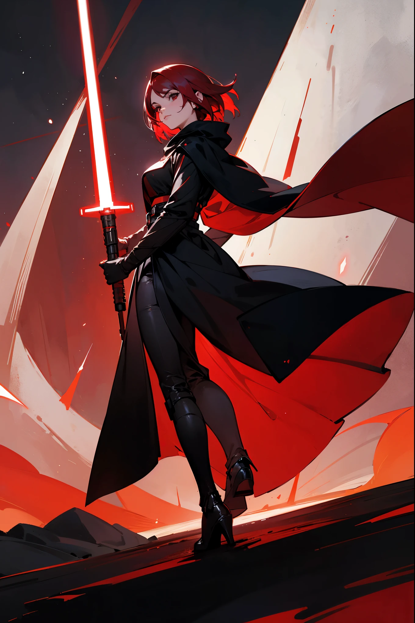 1female, dark red hair, black eyes, sith clothing, dark star wars sith clothing, red lightsaber, serious expressing, walking on path, star wars space background