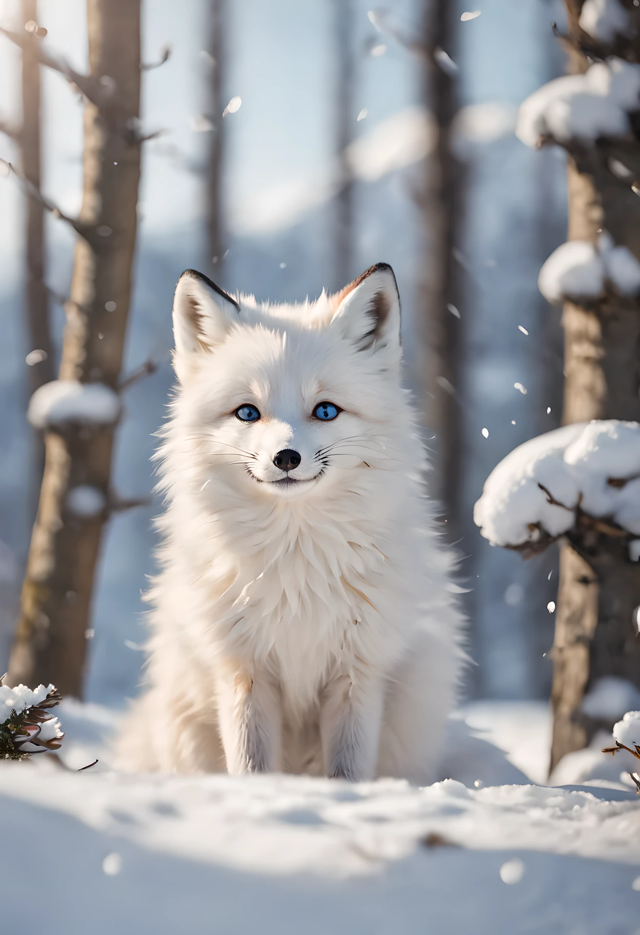 (best quality, 4k, 8k, high resolution, masterpiece: 1.2), wild life photography, Cute arctic fox, Smiling in the snow, looking at camera, HD digital photos, clear focus, Capture the moment perfectly, Lovely charm,