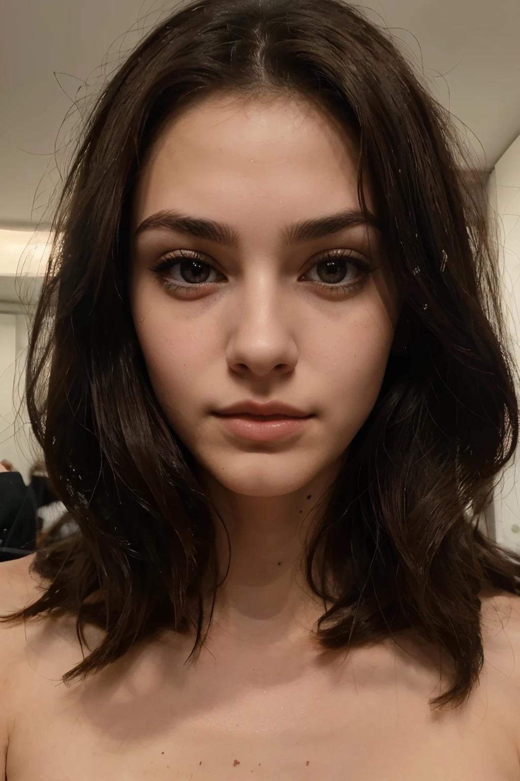 29 year old woman, long brown slightly curly hair, blue eye, visage parfait, professional makeup like model, C et portant un haut noir