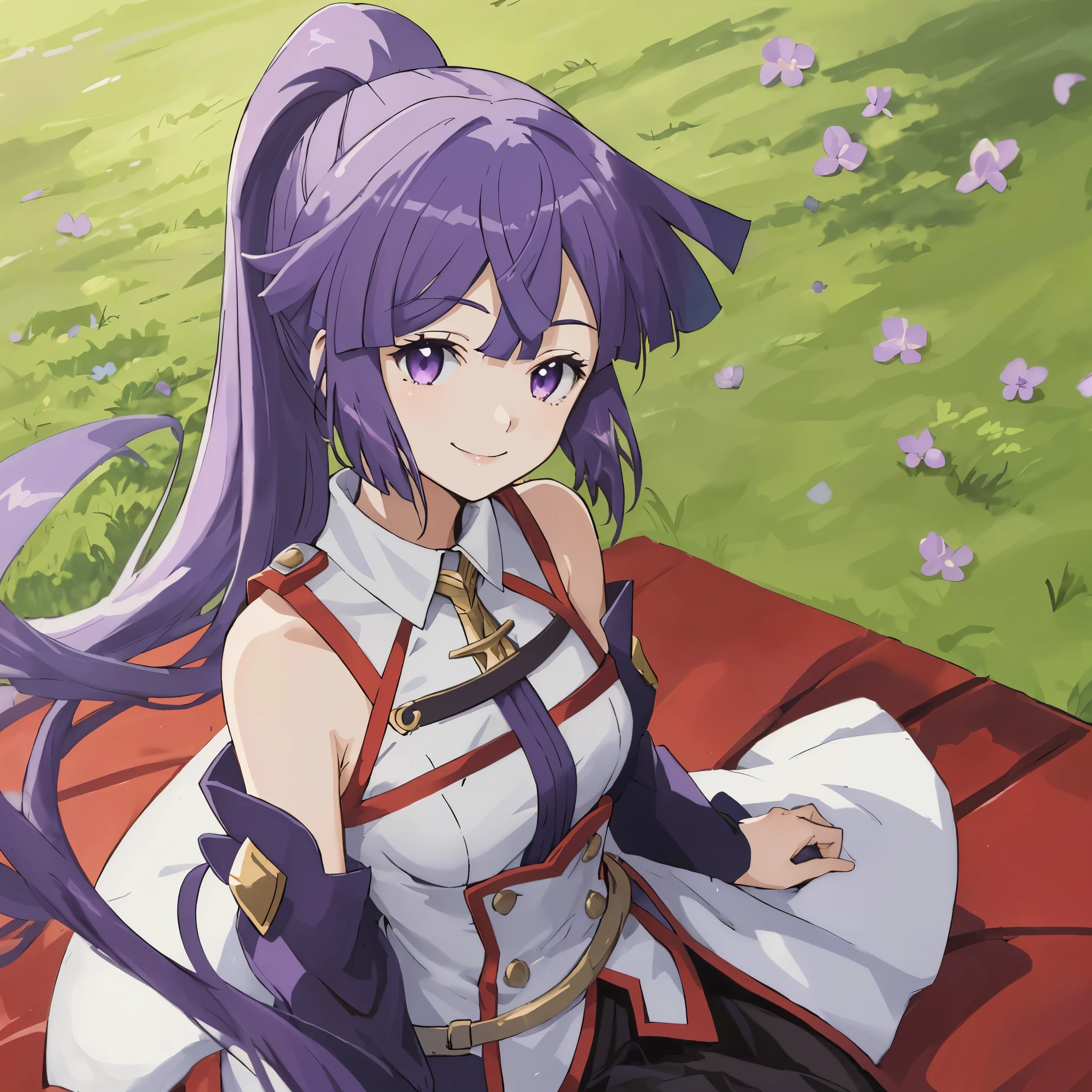 masterpiece, best quality, anime, 1girl, long lilac hair, ponytail hair, bangs, violet eyes, smile, v-shaped eyes, detached sleeves, portrait, solo, lilac petals flying in the air, outdoors, sitting on the red carpet, carpet on grass