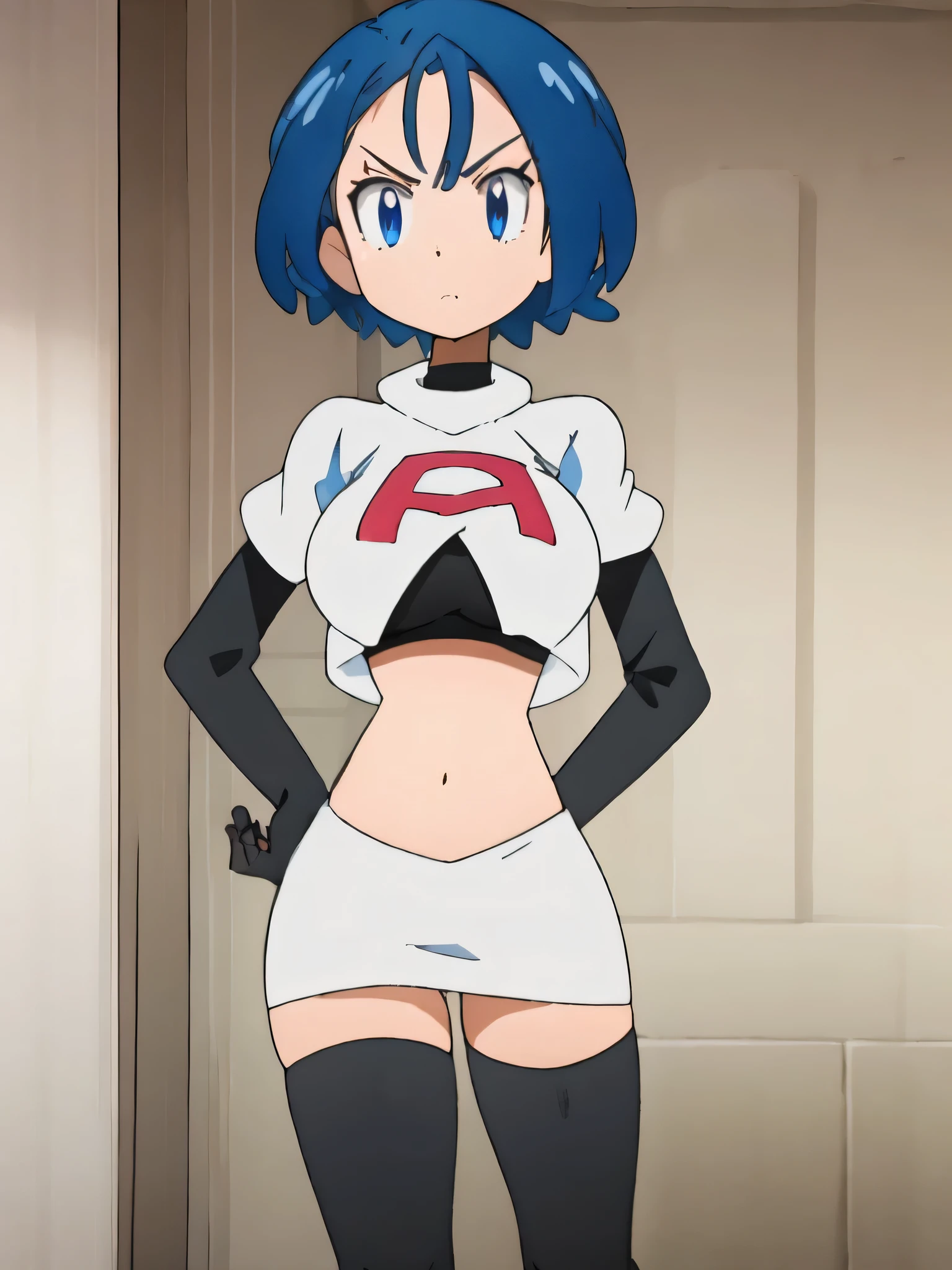 8k, ,1girl in, (solo:1.1), (perfect body:1.1), (best quality:1.1), very large breast, team rocket uniform, red letter r, white skirt,white crop top,black thigh-high boots, black elbow gloves, glaring angrily, looking down at viewer, hands on hips,zettai ryouiki,cowboy shot