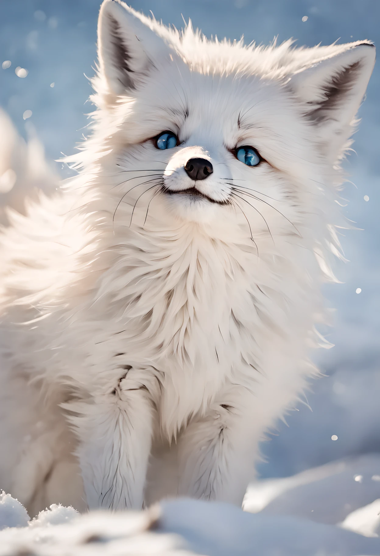 (best quality, 4k, 8k, high resolution, masterpiece: 1.2), wild life photography, Cute arctic fox, Smiling in the snow, looking at camera, HD digital photos, clear focus, Capture the moment perfectly, Lovely charm,
