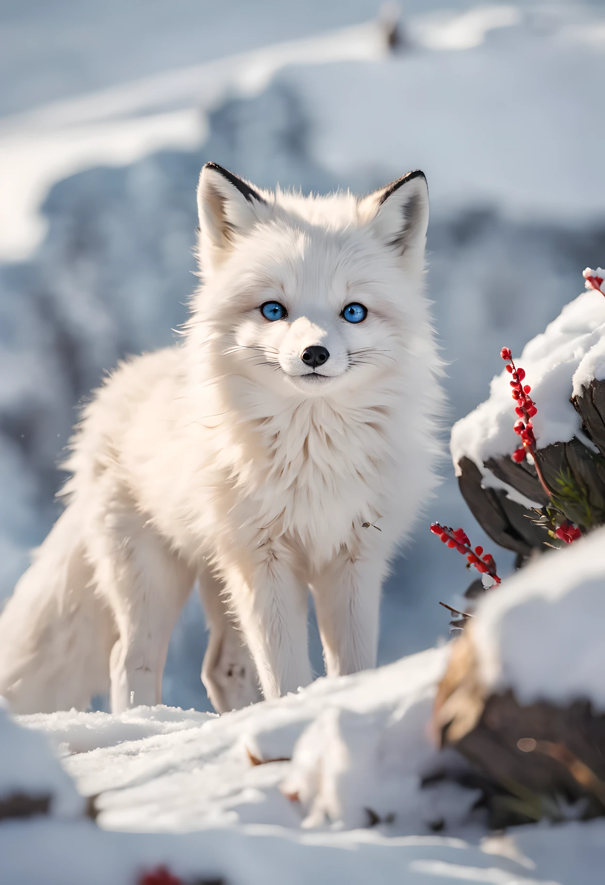 (best quality, 4k, 8k, high resolution, masterpiece: 1.2), wild life photography, Cute arctic fox, Smiling in the snow, looking at camera, HD digital photos, clear focus, Capture the moment perfectly, Lovely charm,