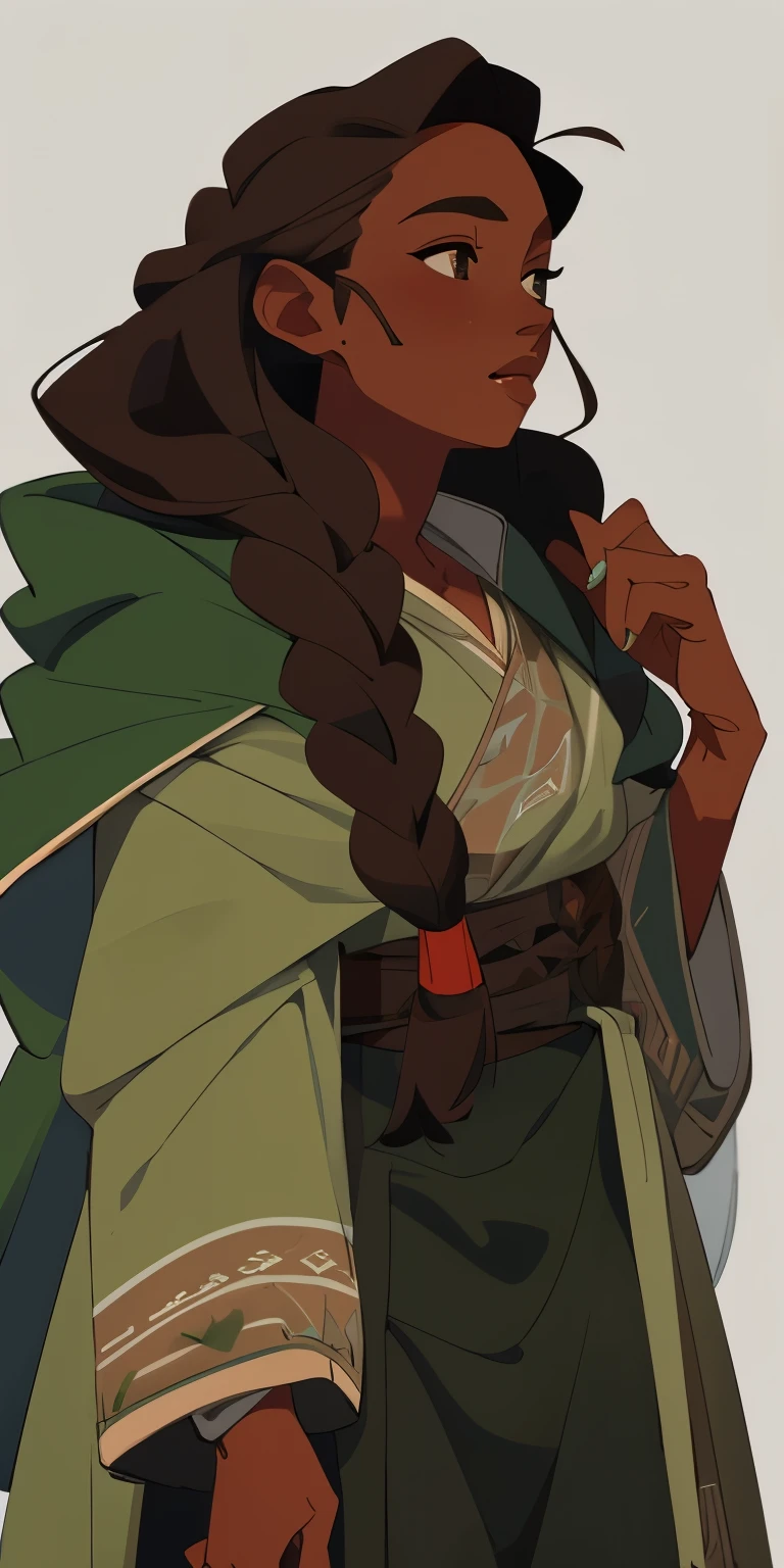 Young woman, dark skin, brown hair in a braid, Green Cloak