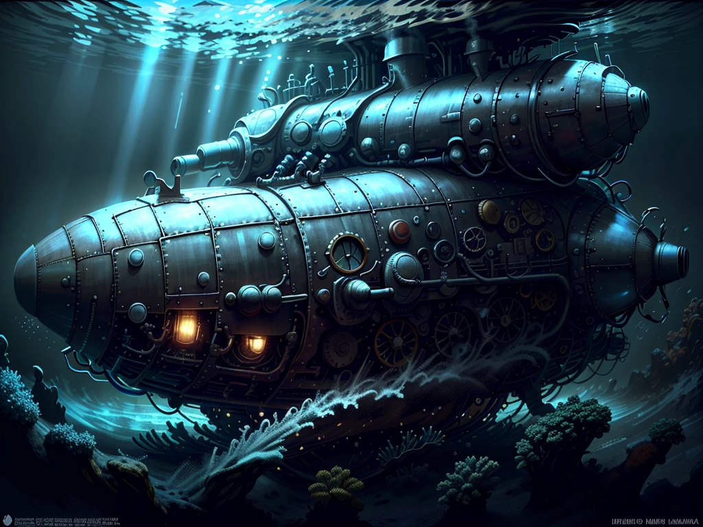 obra maestra, ultra resolucion, decoracion epica, iluminacion impecable 32k, submarino nuclear bajo el mar, muchas burbujas:1.4, acantilados peses, oceano oscuro