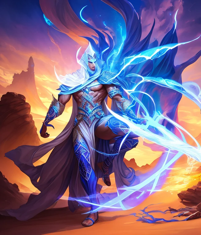 watercolor style, vibrant watercolor, use tetradic colors, Djinn, focus on face, holographic glow, fantasy art, lots of thunderbolts, (arabic desert environment), a Djinn is a blue skinned magical entity with pointy ears, male, sharp focus, ((glowy white eyeagical, art by MSchiffer, concept art