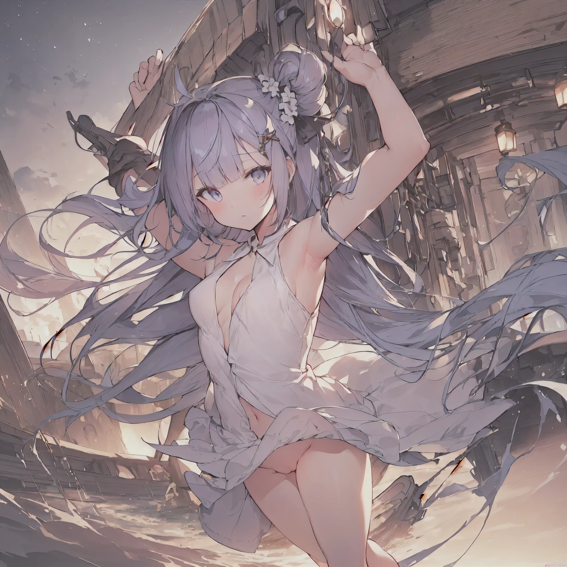 (Ultra Real), (Illustration), (High Resolution), (8K), (Very Detailed), (Best Illustration), (Beautiful Detailed Eyes), (Best Quality), (Super Detailed), (Masterpiece), (Wallpaper), (Detailed Face), Solo, (Dynamic Pose), One Girl, White Wavy Hair on the Bed, Losing Clothes, Japan Person, Iris Colored Eyes, (((Very Thin, Small and Short Night Dresedium breasts, long legs, best ride of legs, (without panties), (without bra), arm up, showing armpits, sleeveless