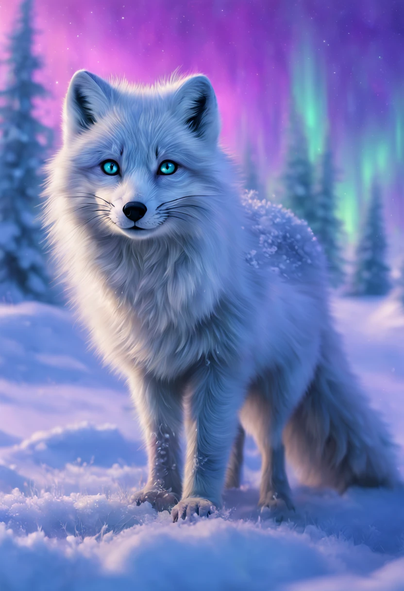 Arctic fox in a snowy tundra, pristine white fur blending with the environment, ice blue eyes, delicate paws leaving soft imprints on freshly fallen snow, Northern Lights (Aurora Borealis) gleaming in the background with hues of green and purple, isolated, serene, by Greg Rutkowski, ultra-realistic fur texture, 4k resolution, digital art, aesthetic
