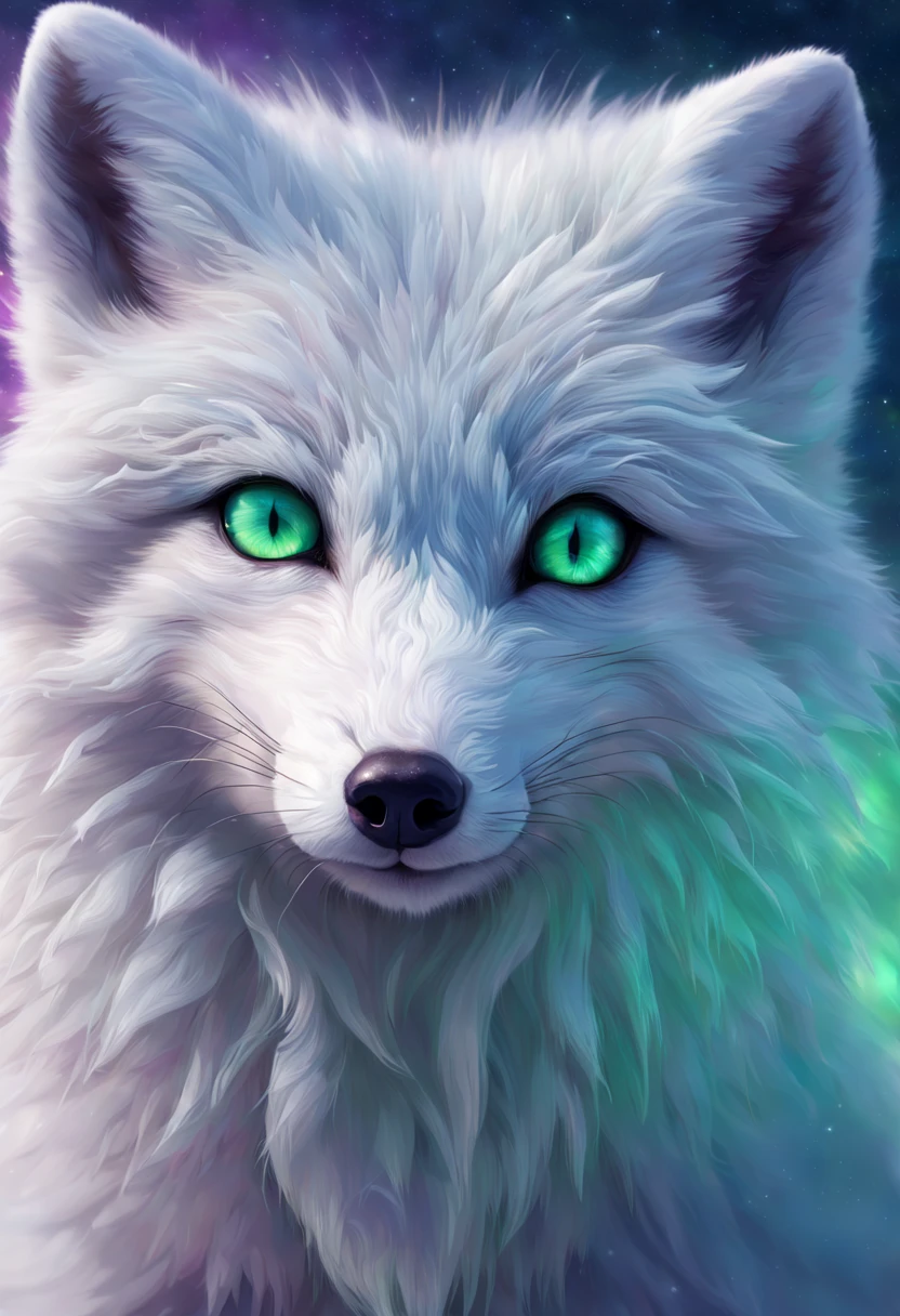 Arctic fox in a snowy tundra, pristine white fur blending with the environment, ice blue eyes, delicate paws leaving soft imprints on freshly fallen snow, Northern Lights (Aurora Borealis) gleaming in the background with hues of green and purple, isolated, serene, by Greg Rutkowski, ultra-realistic fur texture, 4k resolution, digital art, aesthetic