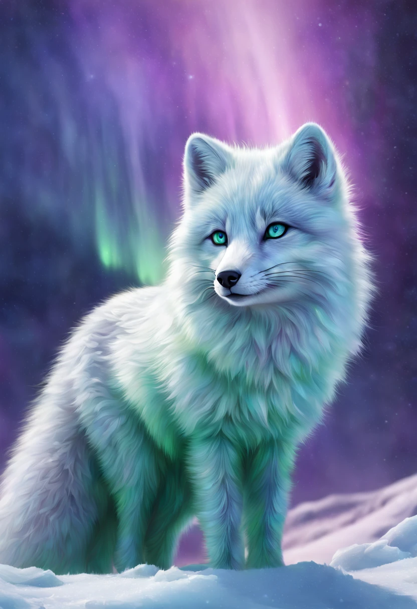 Arctic fox in a snowy tundra, pristine white fur blending with the environment, ice blue eyes, delicate paws leaving soft imprints on freshly fallen snow, Northern Lights (Aurora Borealis) gleaming in the background with hues of green and purple, isolated, serene, by Greg Rutkowski, ultra-realistic fur texture, 4k resolution, digital art, aesthetic