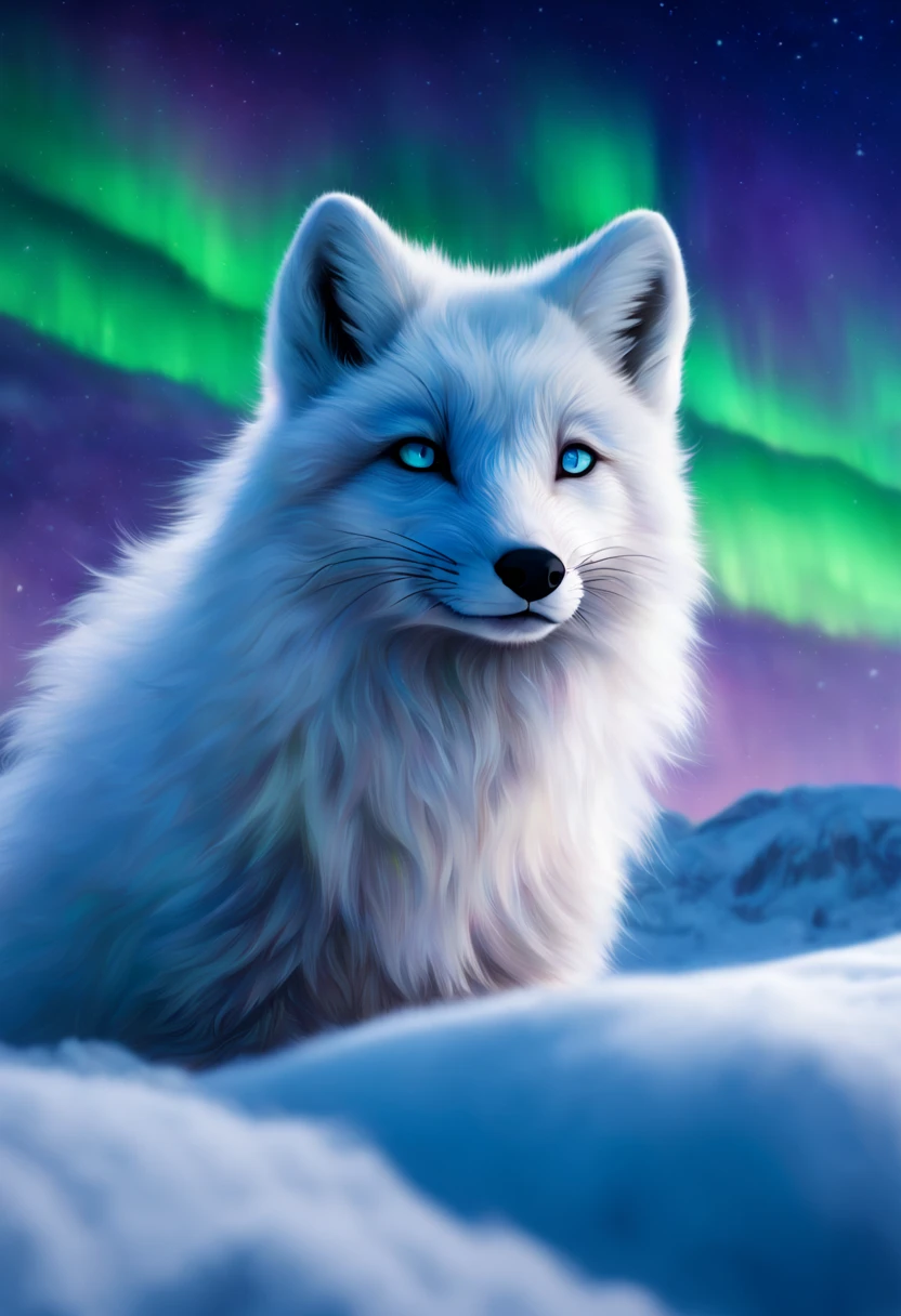 Arctic fox in a snowy tundra, pristine white fur blending with the environment, ice blue eyes, delicate paws leaving soft imprints on freshly fallen snow, Northern Lights (Aurora Borealis) gleaming in the background with hues of green and purple, isolated, serene, by Greg Rutkowski, ultra-realistic fur texture, 4k resolution, digital art, aesthetic