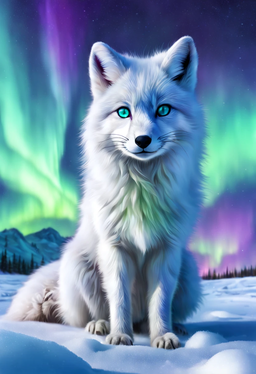 Arctic fox in a snowy tundra, pristine white fur blending with the environment, ice blue eyes, delicate paws leaving soft imprints on freshly fallen snow, Northern Lights (Aurora Borealis) gleaming in the background with hues of green and purple, isolated, serene, by Greg Rutkowski, ultra-realistic fur texture, 4k resolution, digital art, aesthetic