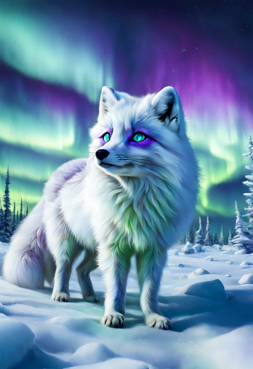 Arctic fox in a snowy tundra, pristine white fur blending with the environment, ice blue eyes, delicate paws leaving soft imprints on freshly fallen snow, Northern Lights (Aurora Borealis) gleaming in the background with hues of green and purple, isolated, serene, by Greg Rutkowski, ultra-realistic fur texture, 4k resolution, digital art, aesthetic
