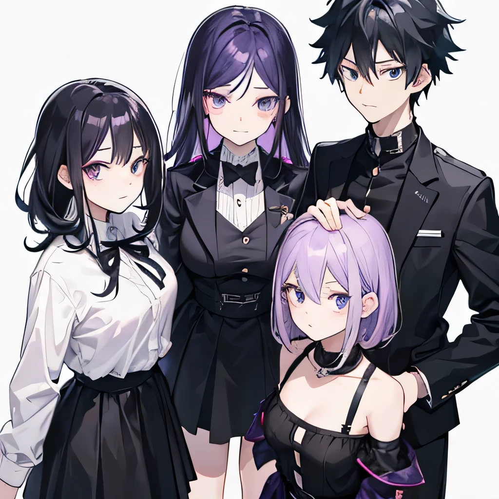 Twin girls and a boy!! 
My Hero Academia anime girl appearance: Violet eyes, Black hair, He wears a purple dress and looks like a boy: His right eye is red and his left eye is purple. He wears black pants, White cork, And a black jacket. 