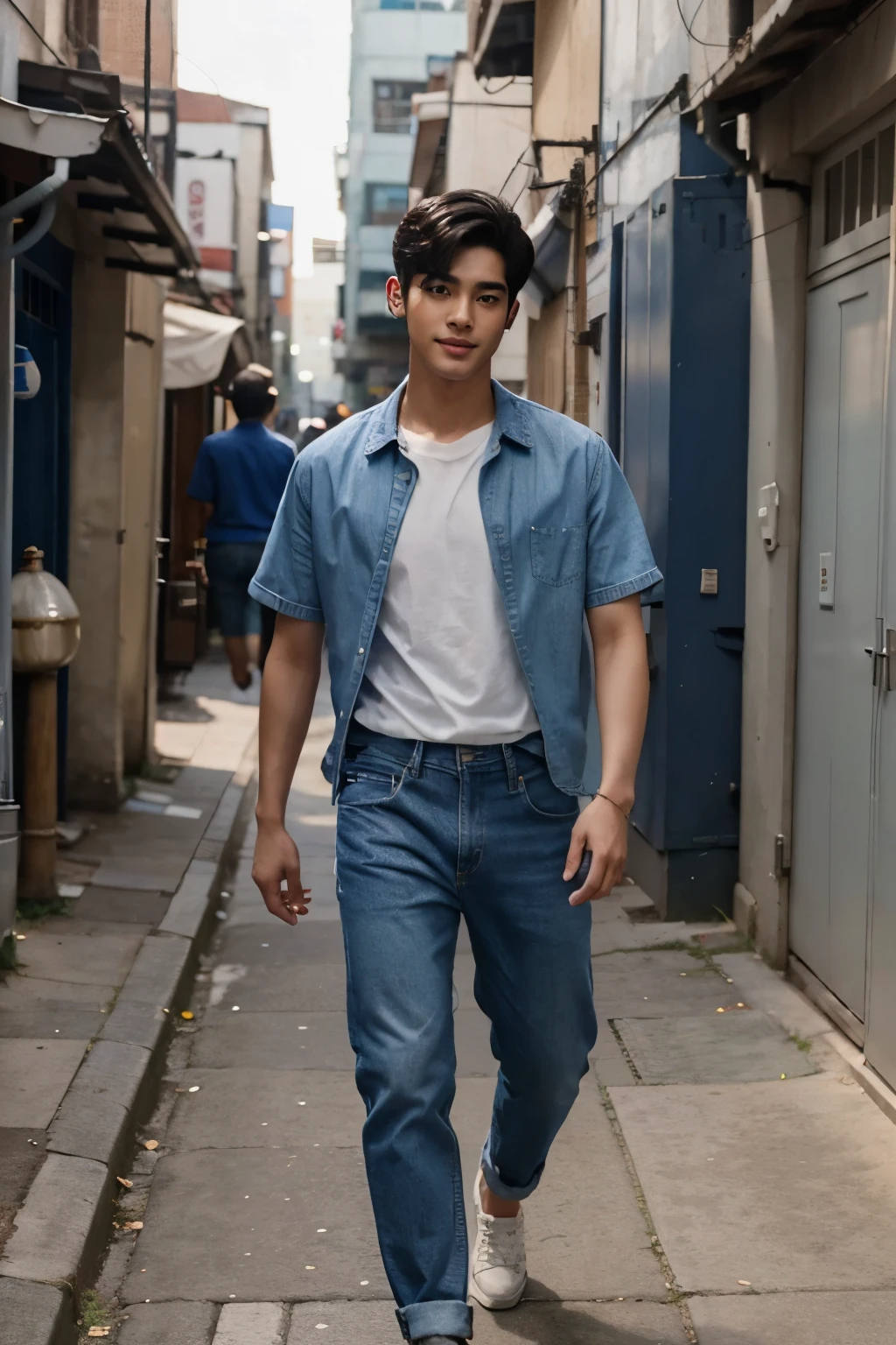 full body, mix of cha eun woo and rowoon korean actor wavy short hair, wearing casual blue collar shirt and long jeans, walking in the big alleyway, smiling towards his crush