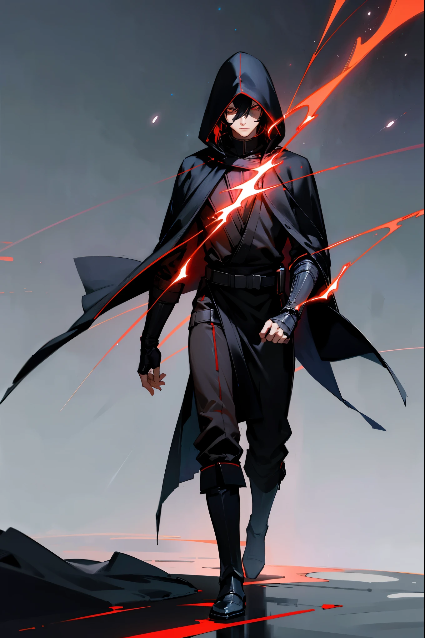 1male, black hair, dark hood, shadow covering eyes, (blue lightning background), red eyes, sith clothing, dark star wars sith clothing, walking on path, star wars space background