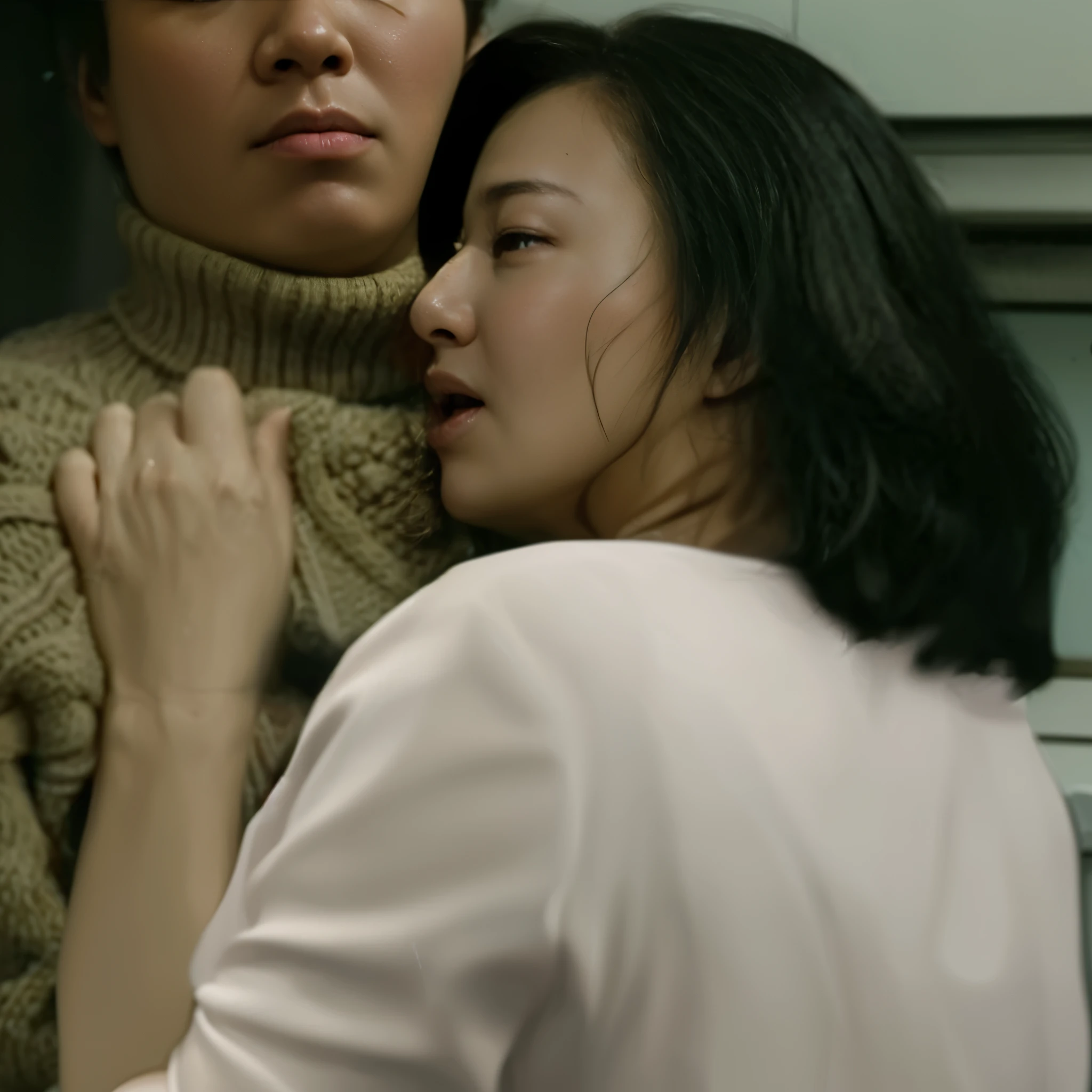 A middle-aged woman in a white business suit is clinging to a man in a sweater,They are looking at each other while hugging, movie screenshot, movie screen cap, Still from the movie, 実写A scene from a movie, A scene from a movie, movie still frames, Still from the live-action movie, Still from the movie, Still from the movie, close up of movie scene, movie highlight scenes, Movie stills dressed in clothes, (photo realistic:1.4), (hyper realistic:1.4), (realistic:1.3), (smoother lighting:1.05), (Improve the quality of cinematic lighting:0.9), 32K, 40 year old Japanese woman, realistic lighting, Backlight, light shines on your face, ray tracing, (bright light:1.2), (Improvement of quality:1.4), (Highest quality realistic textured skin:1.4), detailed eyes, detailed face, high quality eyes, (Tired, sleepy and satisfied:0.0), close up of face, T-shirt, (Enhance the mood of your body line:1.1), (Enhances the beauty of skin texture:1.1)