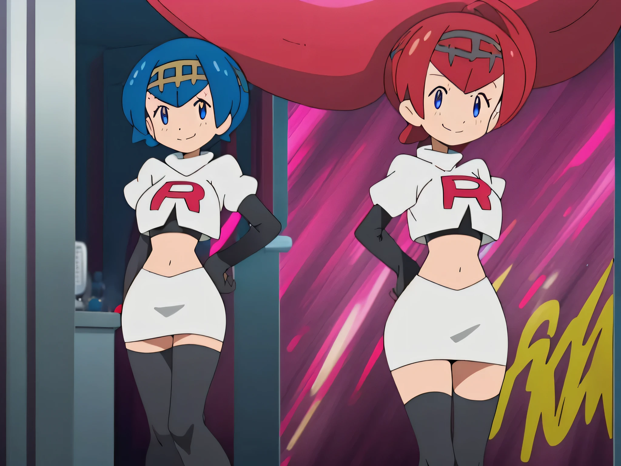 8k, anime screencap,1girl in, (solo:1.1), (perfect body:1.1), (best quality:1.1), very large breast, team rocket uniform, red letter r, white skirt,white crop top,black thigh-high boots, black elbow gloves, evil smile, looking down at viewer, hands on hips,zettai ryouiki,