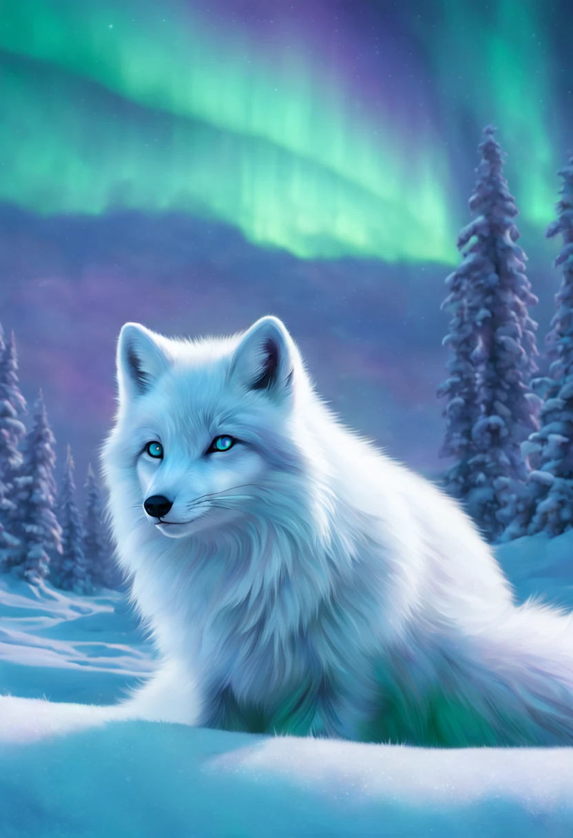 Arctic fox in a snowy tundra, pristine white fur blending with the environment, ice blue eyes, delicate paws leaving soft imprints on freshly fallen snow, Northern Lights (Aurora Borealis) gleaming in the background with hues of green and purple, isolated, serene, by Greg Rutkowski, ultra-realistic fur texture, 4k resolution, digital art, aesthetic