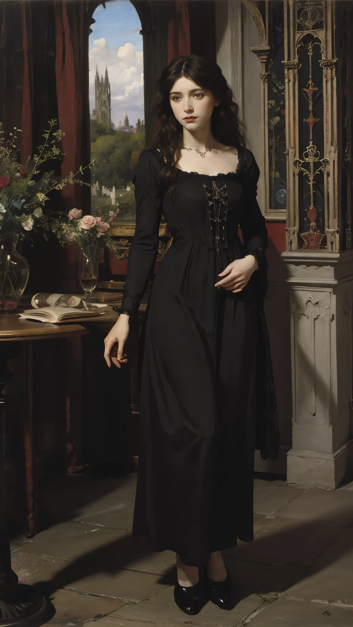 Pre-Raphaelites, black dress, death, rose in hands, gothic atmosphere, dark, gloomy, cathedral background, oil painting, medieval