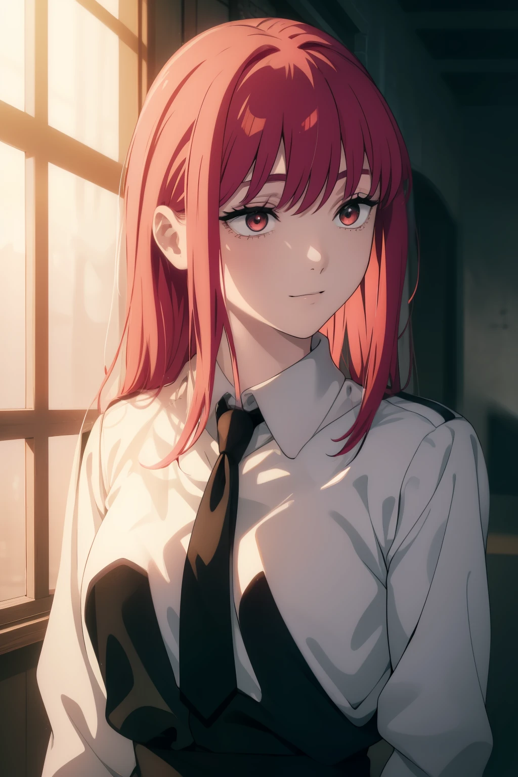 ((((Obra maestra, La mejor calidad, ultrahigh resolution)))), beautiful face, beautiful girl, 1girl, looking at viewer, standing, upper body, red hair, beautiful face, outside, wind blowing, detailed face, eyeliner, detailed red gradient eyes, shiny red eyes, black pupils, school uniform, face focus, pretty smile, happy, teeth, wide smile