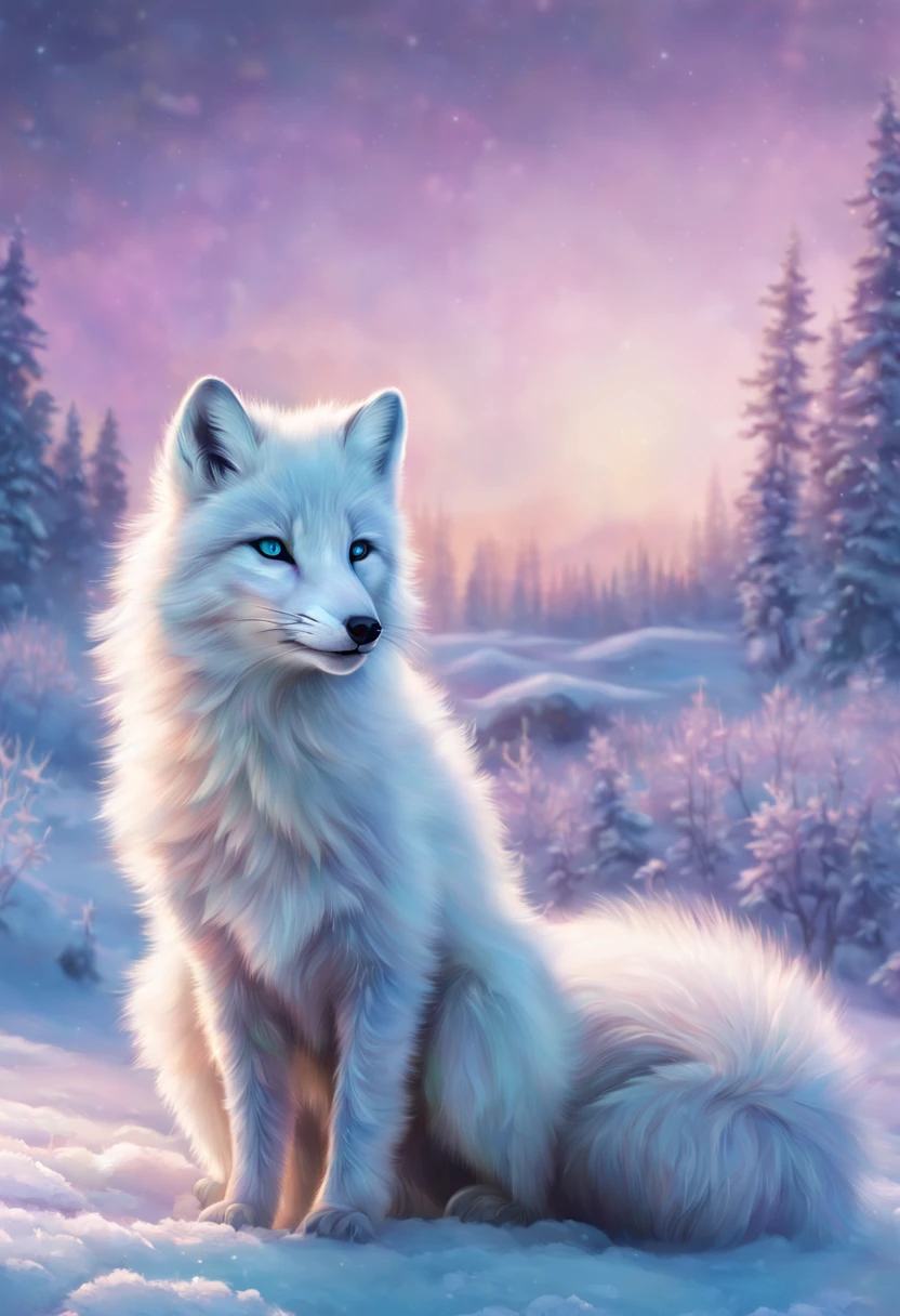 Arctic fox in a snowy tundra, pristine white fur blending with the environment, ice blue eyes, delicate paws leaving soft imprints on freshly fallen snow, Northern Lights (Aurora Borealis) gleaming in the background with hues of green and purple, isolated, serene, by Greg Rutkowski, ultra-realistic fur texture, 4k resolution, digital art, aesthetic
