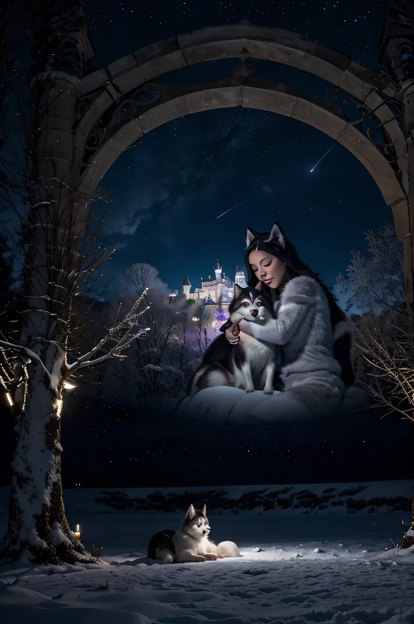 A Siberian Husky sleeps peacefully cuddling with a cat against the backdrop of a charming castle in a whimsical Disney style... The night sky is decorated with countless twinkling stars., and the Milky Way stretches across the sky, creating a breathtaking celestial spectacle.