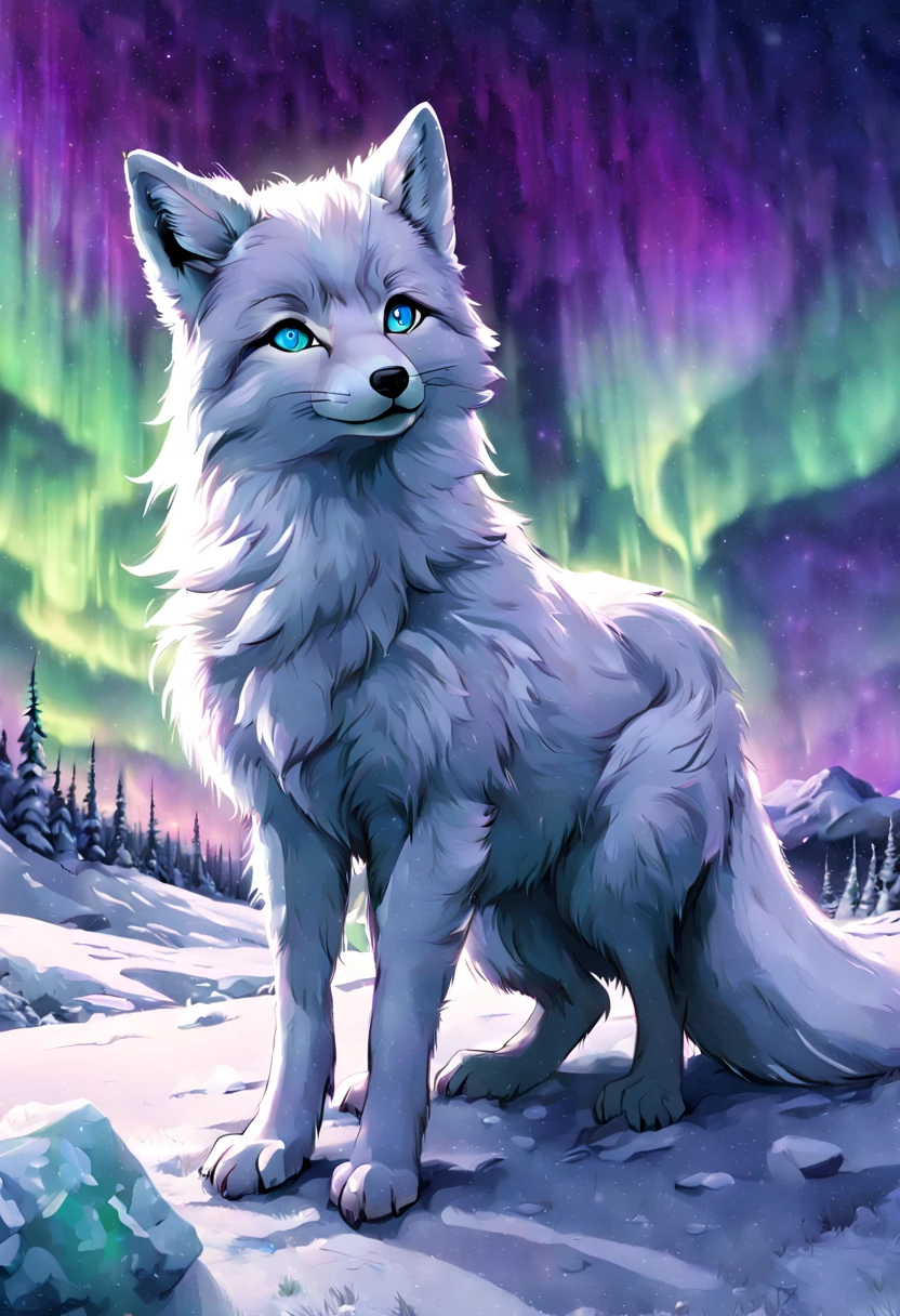 Arctic fox in a snowy tundra, pristine white fur blending with the environment, ice blue eyes, delicate paws leaving soft imprints on freshly fallen snow, Northern Lights (Aurora Borealis) gleaming in the background with hues of green and purple, isolated, serene, by Greg Rutkowski, ultra-realistic fur texture, 4k resolution, digital art, aesthetic