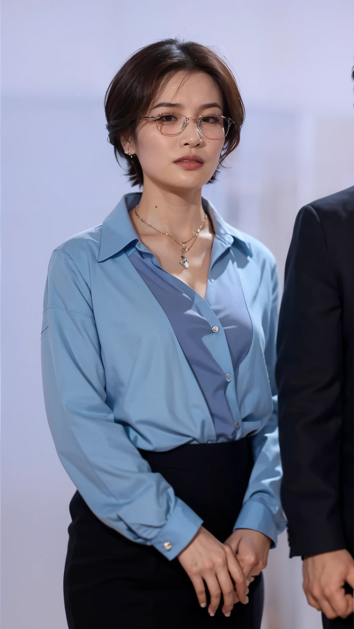 Two people are standing side by side in the photo, wearing a blouse, wearing a light blue shirt, Maggie Cheung, gemma chen, Jen Gee, Mariko Mori, song hye kyo, wearing a business suit, Tomorrow, Tran-hyung, rinko kawaichi, wearing a business suit, publicity photo, in a blue cheongsam, Shin Min-jung