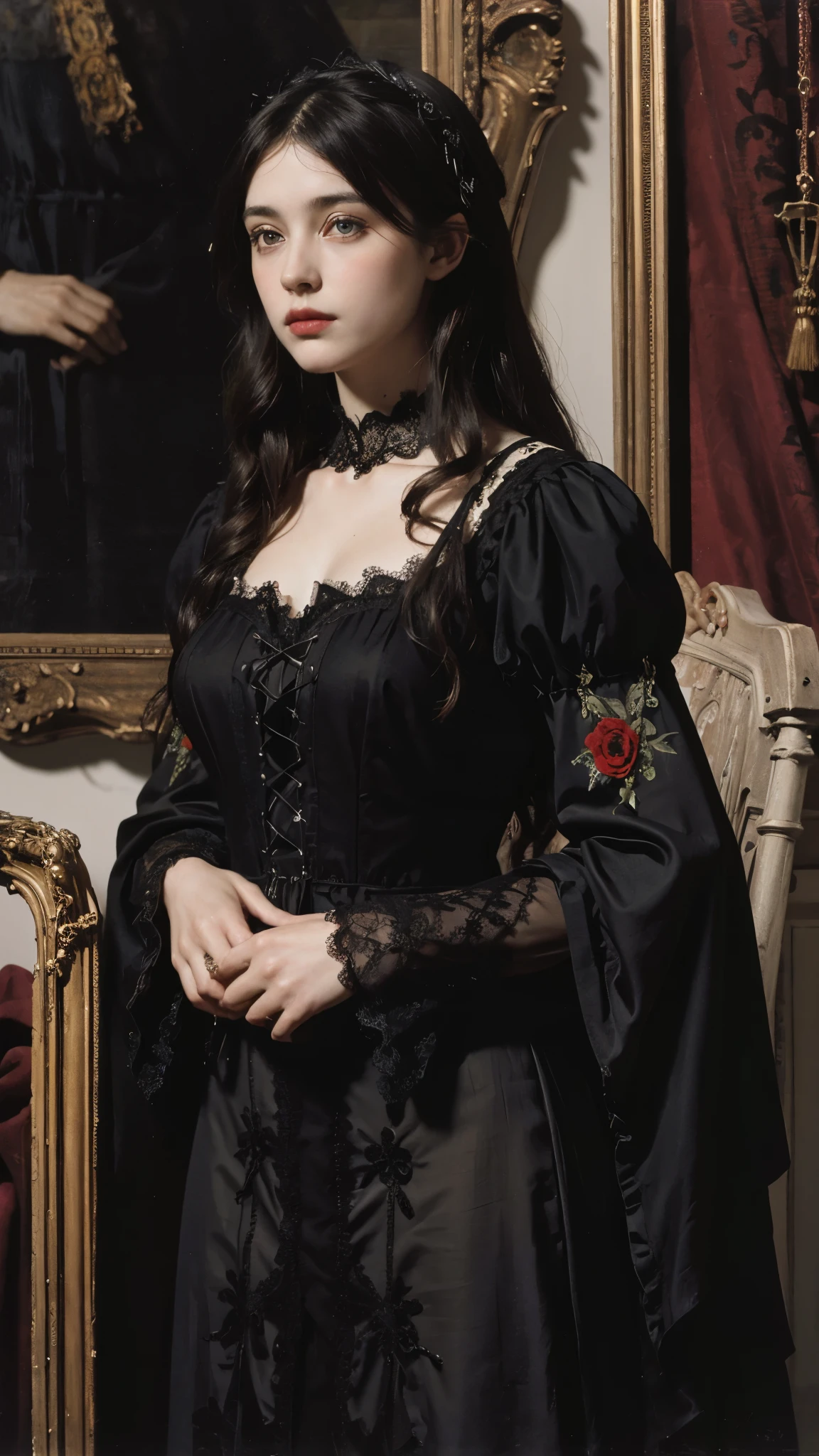 Pre-Raphaelites, black dress, death, rose in hands, gothic atmosphere, dark, gloomy, cathedral background, oil painting, medieval, multi-layered ruffles,lace,delicate embroidery,Beautiful pattern