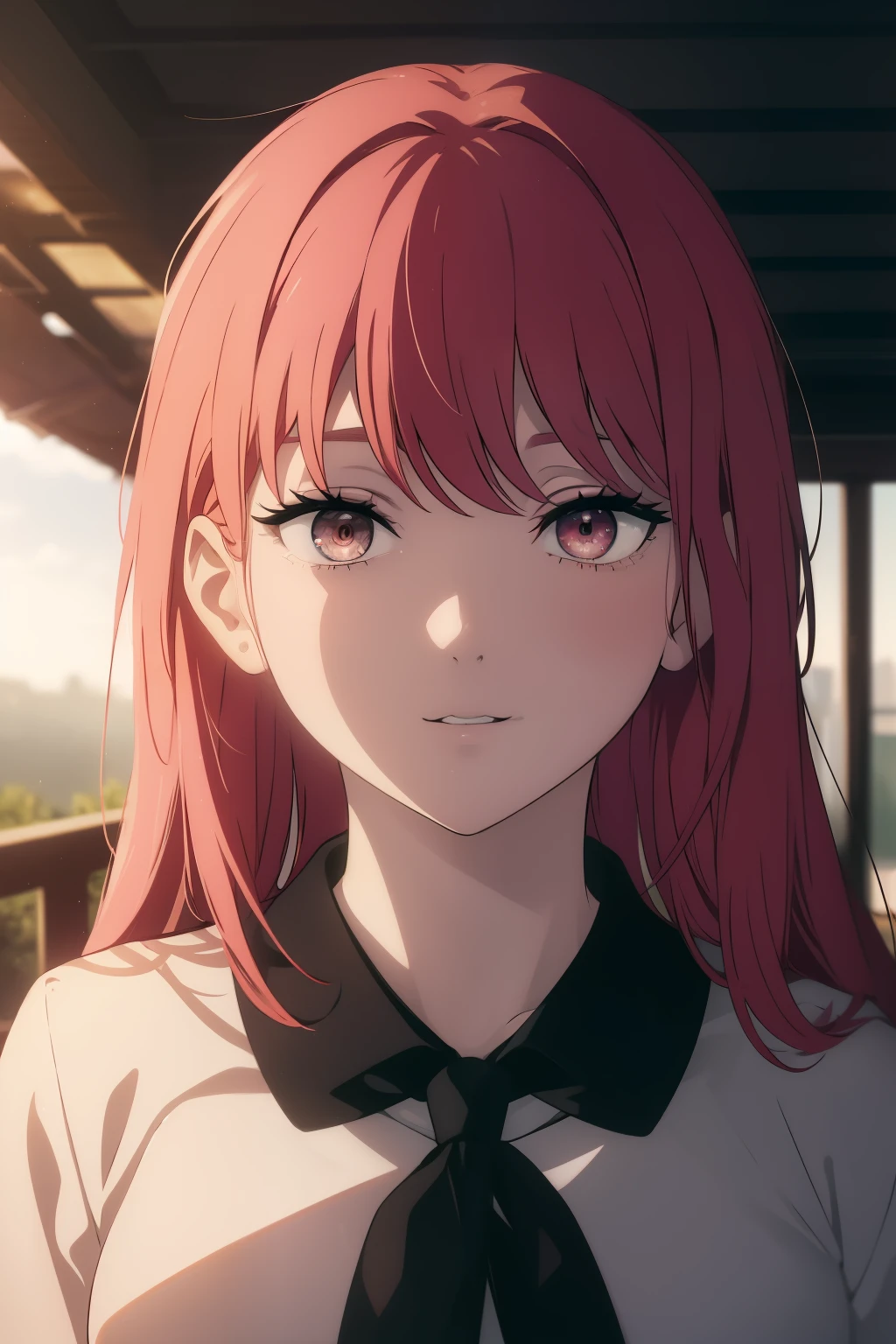 ((((Obra maestra, La mejor calidad, ultrahigh resolution)))), beautiful face, beautiful girl, 1girl, looking at viewer, standing, upper body, red hair, beautiful face, outside, wind blowing, detailed face, eyeliner, detailed red gradient eyes, shiny red eyes, black pupils, school uniform, face focus, pretty smile, happy, teeth, wide smile
