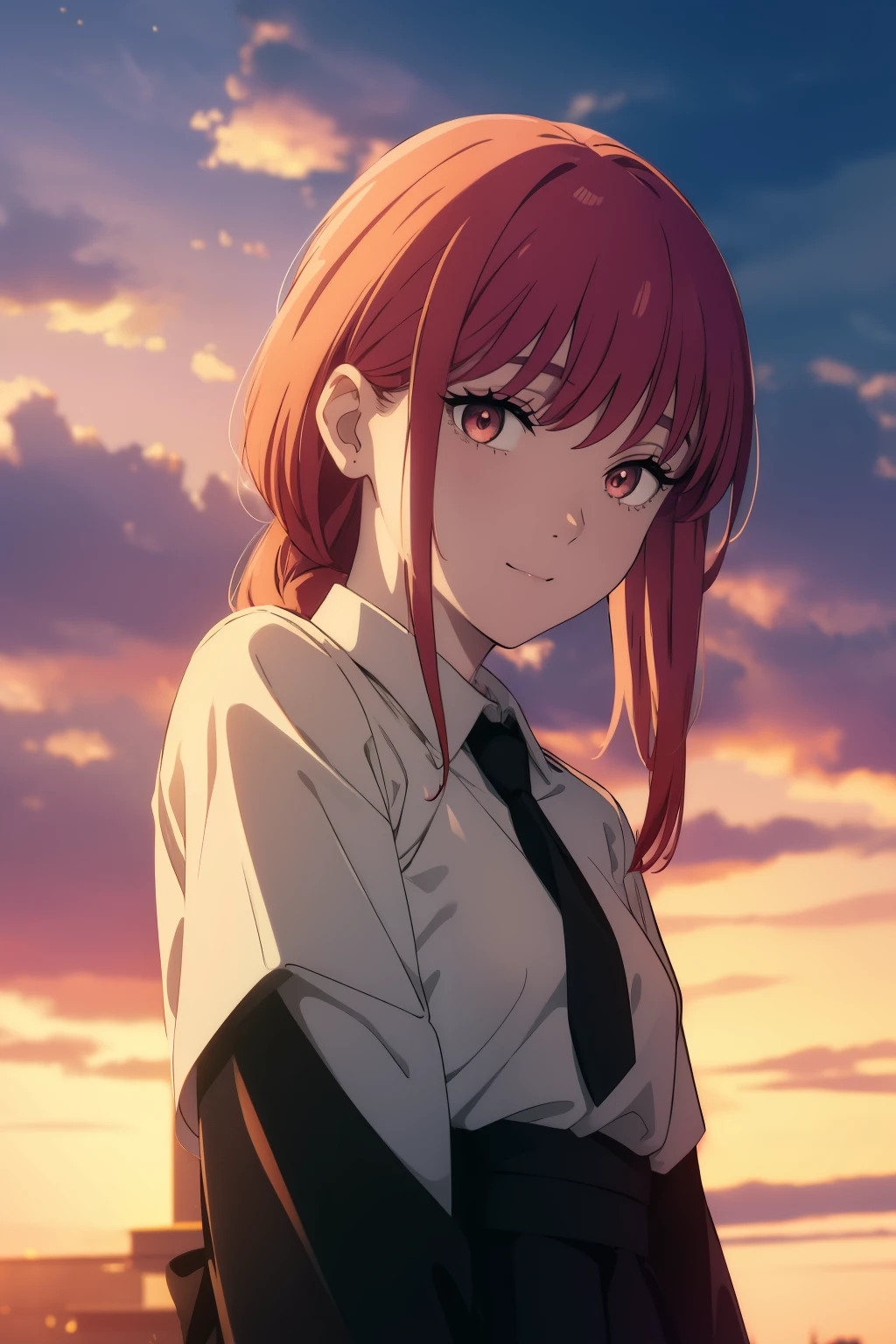 ((((Obra maestra, La mejor calidad, ultrahigh resolution)))), beautiful face, beautiful girl, 1girl, looking at viewer, standing, upper body, red hair, beautiful face, outside, wind blowing, detailed face, eyeliner, detailed red gradient eyes, shiny red eyes, black pupils, school uniform, face focus, pretty smile, happy, teeth, wide smile