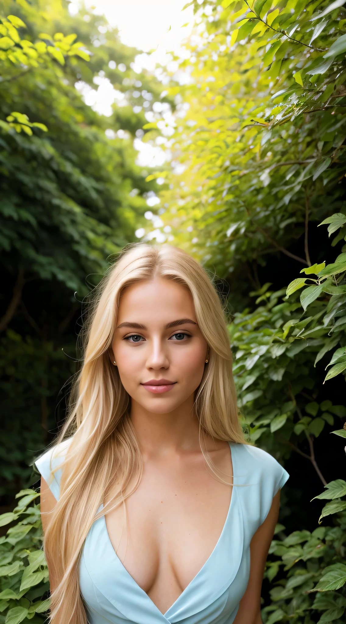 A 20-year-old blonde woman, blue eyes,. blonde hair with light brown roots. cabello rubio, Hair with brown roots, cabello extra largo, cabello muy largo, really long hair, Beautiful, Front view, selfie, photo taken with iPhone, elegant black shirt with escote, escotada, selfie in the garden, high quality, profesional selfie, cleavage, no bra,