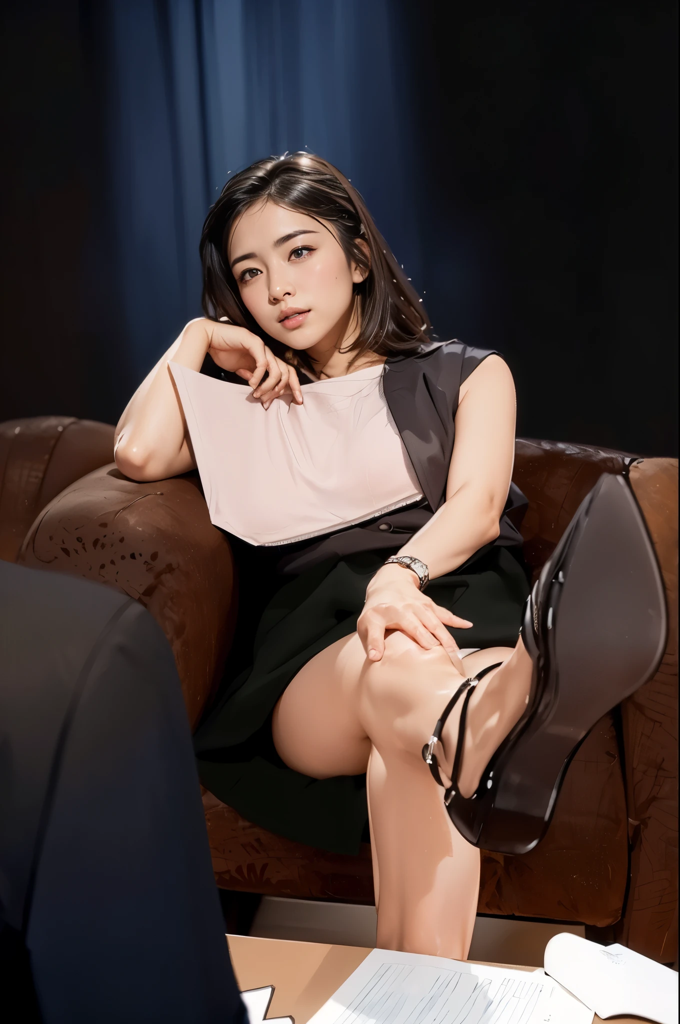 (A woman sitting on a chair holding a document in one hand), Stretch your right leg and provoke,Detailed depiction of the back side of a worn-out high heel,sleeveless blouse,silver band watch,Black slit skirt,Over the shoulder of a man in a suit,Depth of object being written:1.2, Blur,(photo realistic:1.4), (hyper realistic:1.4), (realistic:1.3), (smoother lighting:1.05), (Improve the quality of cinematic lighting:0.9), 32K, 40 year old Japanese woman, realistic lighting, Backlight, light shines on your face, ray tracing, (bright light:1.2), (Improvement of quality:1.4), (Highest quality realistic textured skin:1.4), detailed eyes, detailed face, high quality eyes, (Tired, sleepy and satisfied:0.0), (Enhance the mood of your body line:1.1), (Enhances the beauty of skin texture:1.1)