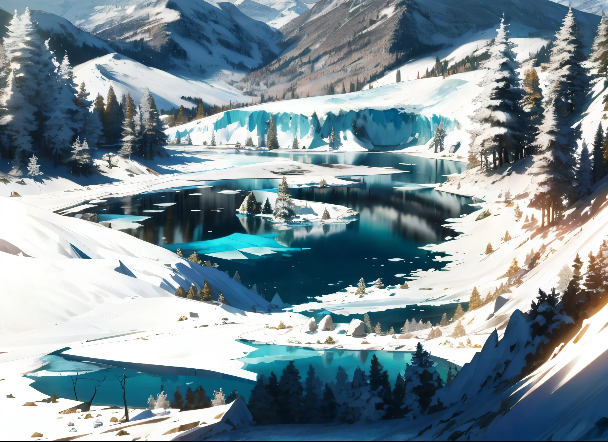 landscape of a winter forest with a lake in the middle, Seasons, (winter on the left), lake under ice, ice on the lake, ice cracked, winter on the left